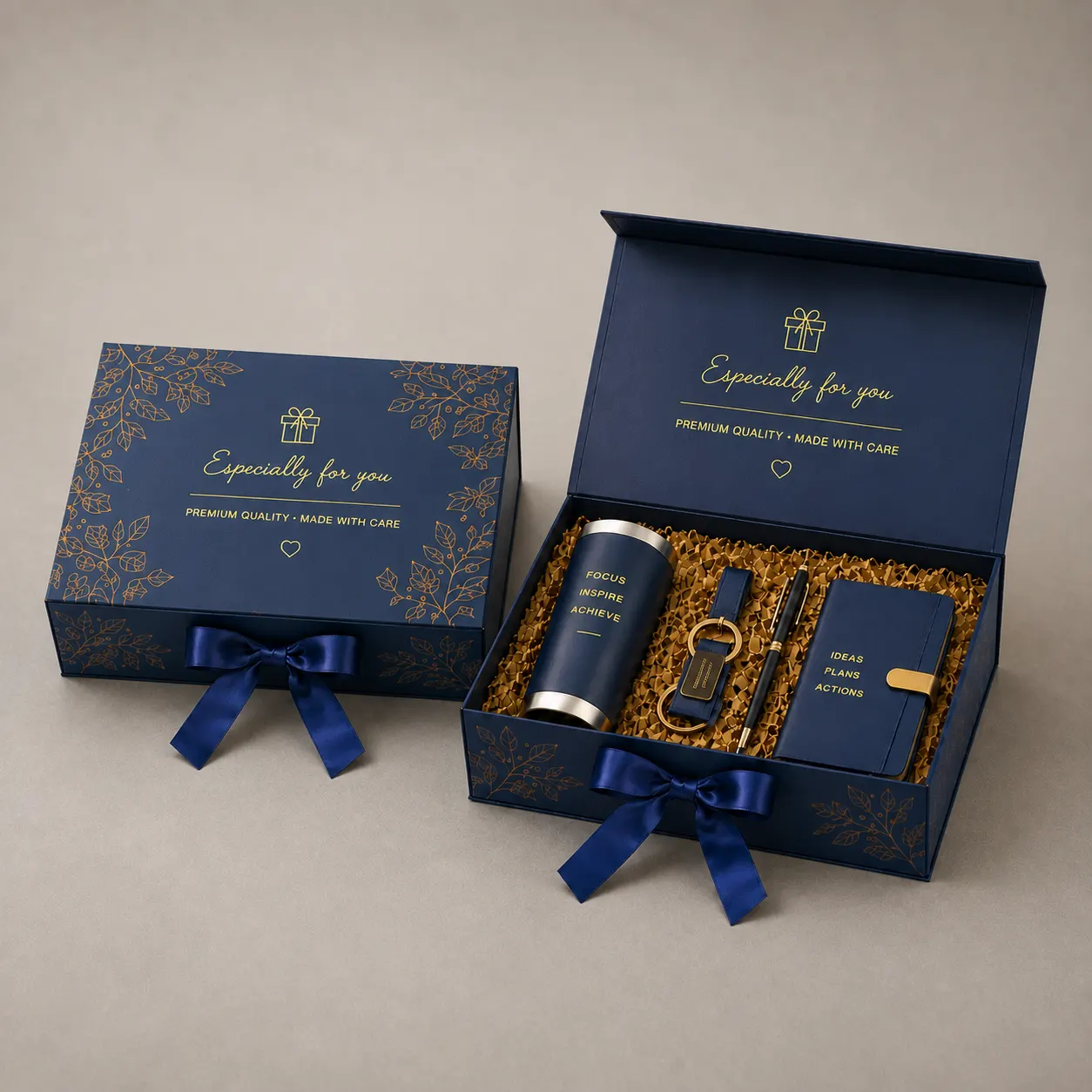 Navy Blue Gold Foil Floral Magnetic Folding Gift Box with Ribbon Bow — image 1 of 4