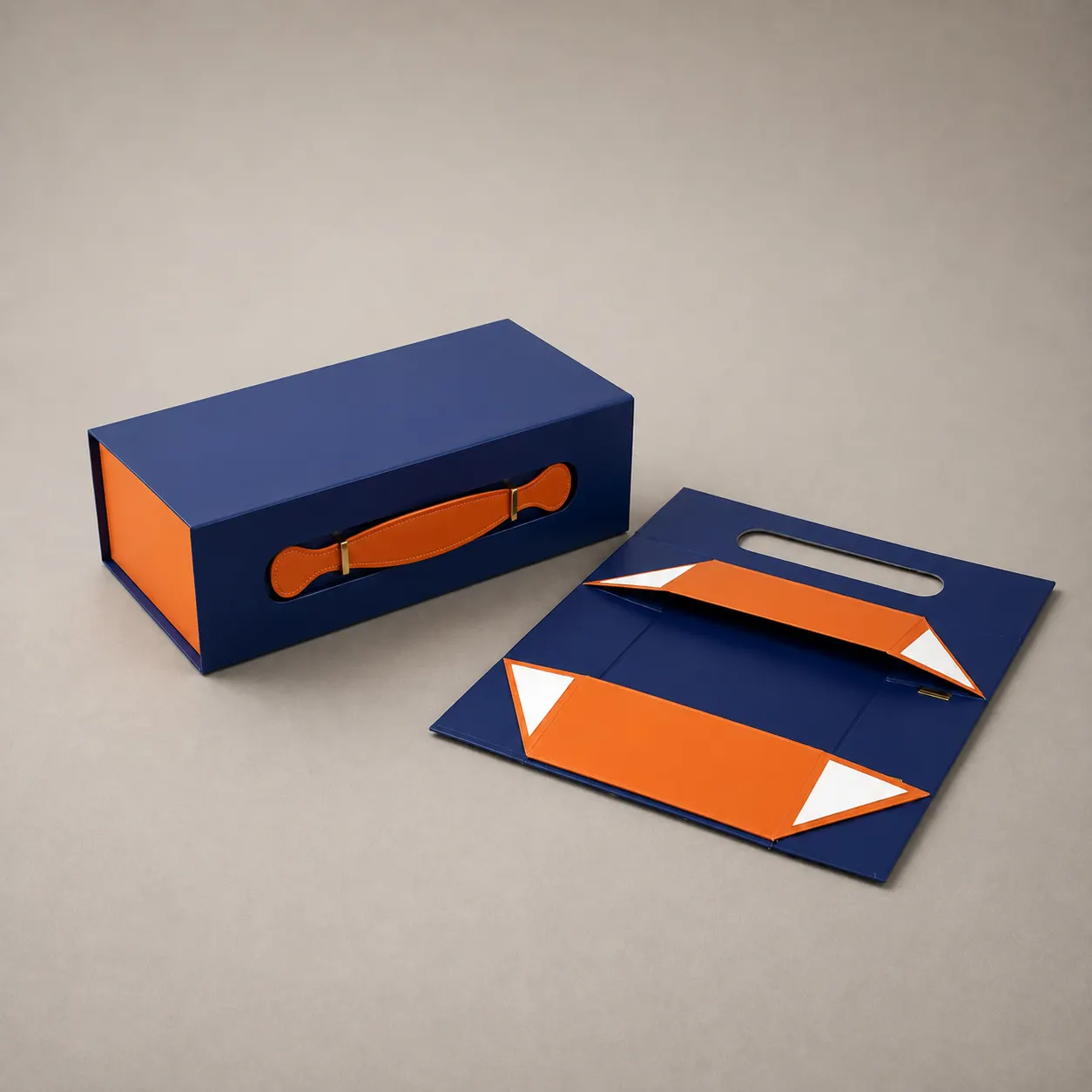 Royal Blue & Hermes Orange Contrast Collapsible Gift Box with Leather Handle — image 1 of 4