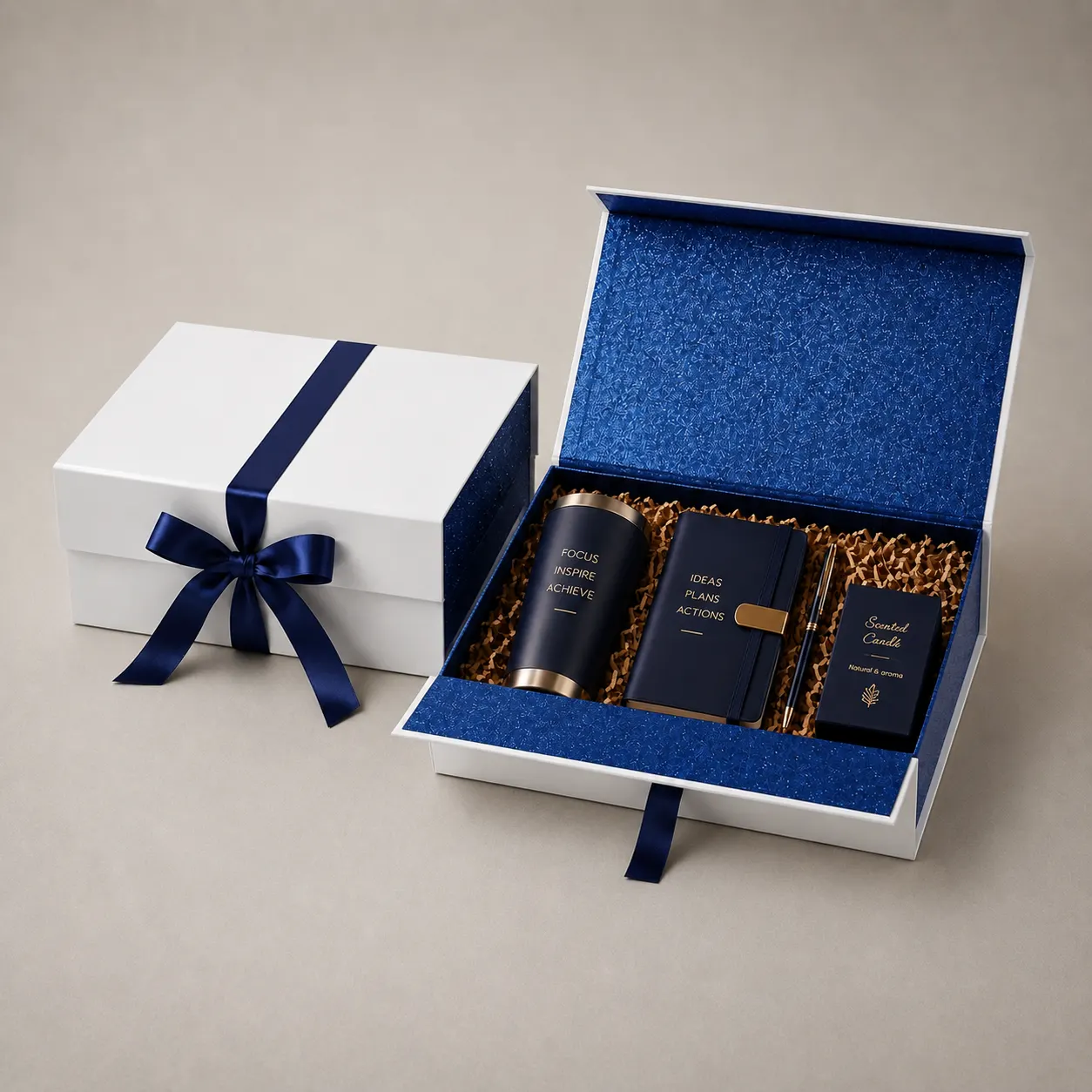Pure White Magnetic Folding Gift Box with Sparkling Royal Blue Textured Interior & Ribbon — image 1 of 4