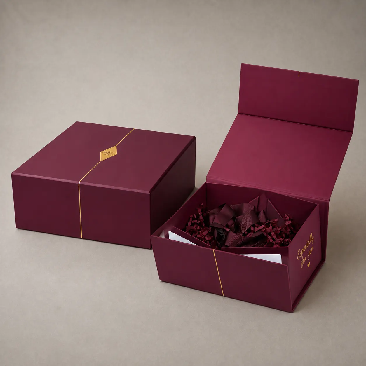 Luxury Deep Burgundy Magnetic Collapsible Gift Box with Gold Foil Line Accent — image 1 of 4