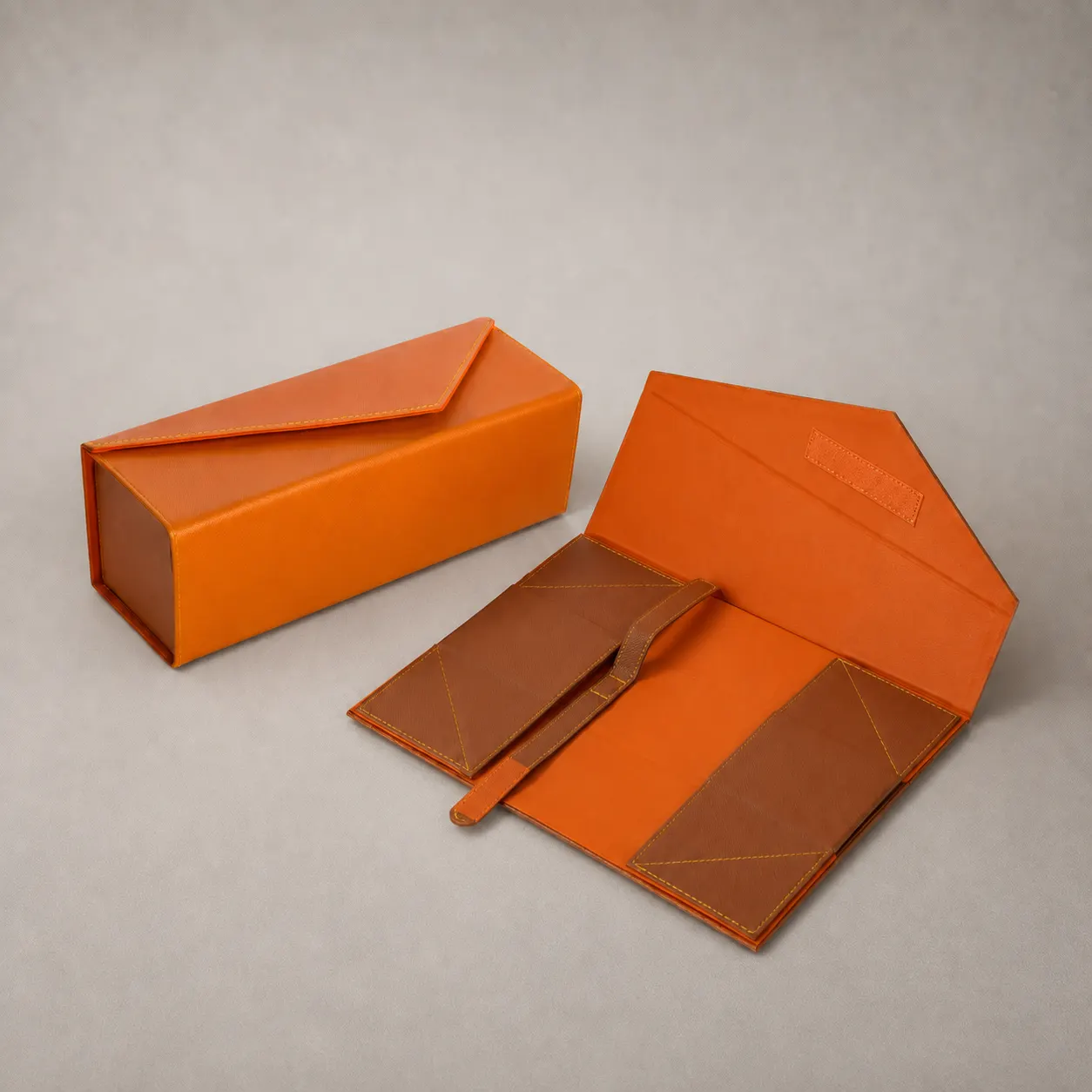 Orange & Saddle Brown Saffiano Textured Triangular Collapsible Glasses Case — image 1 of 3