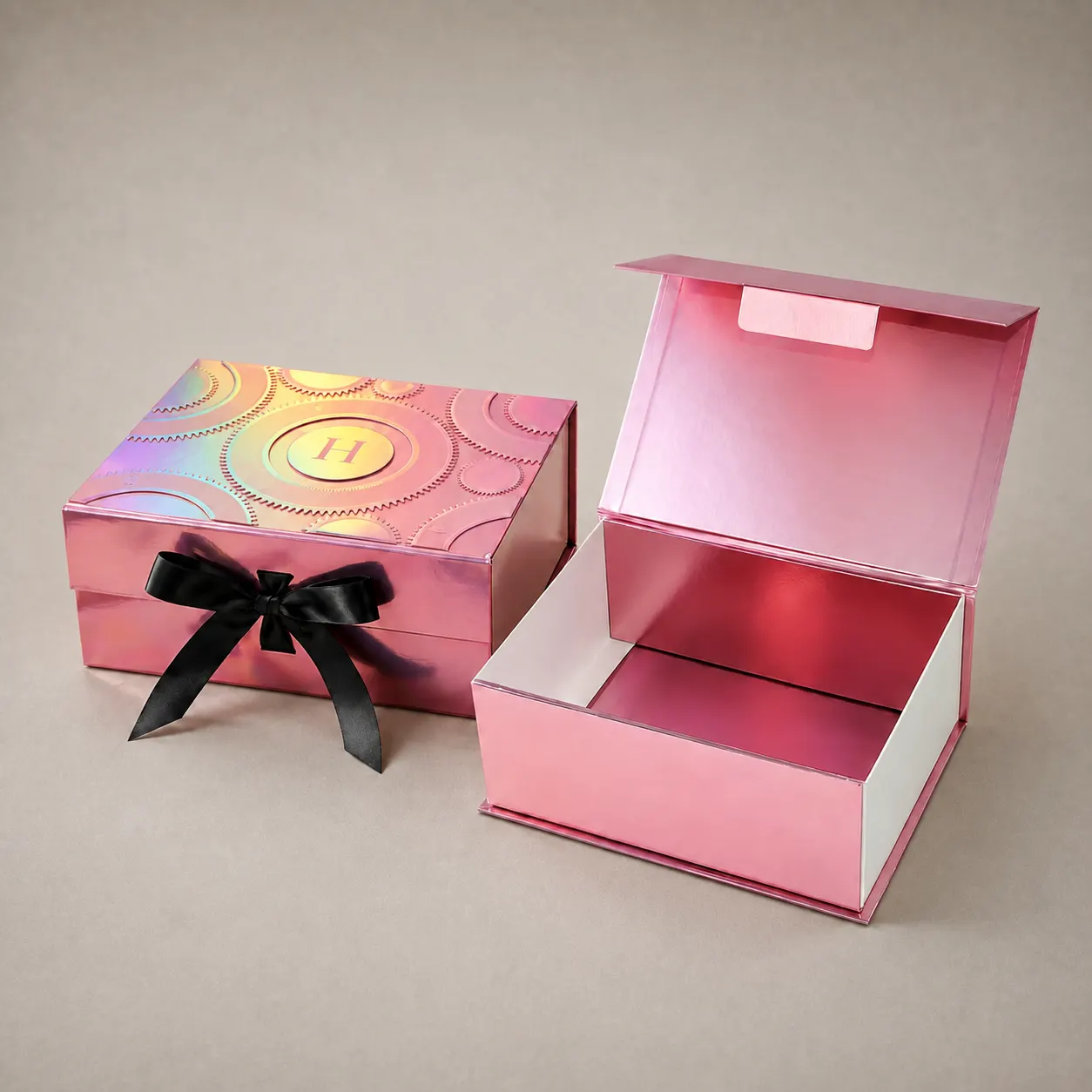 Luxury Holographic Iridescent Pink Folding Gift Box with Monogram Emblem & Ribbon — image 1 of 4