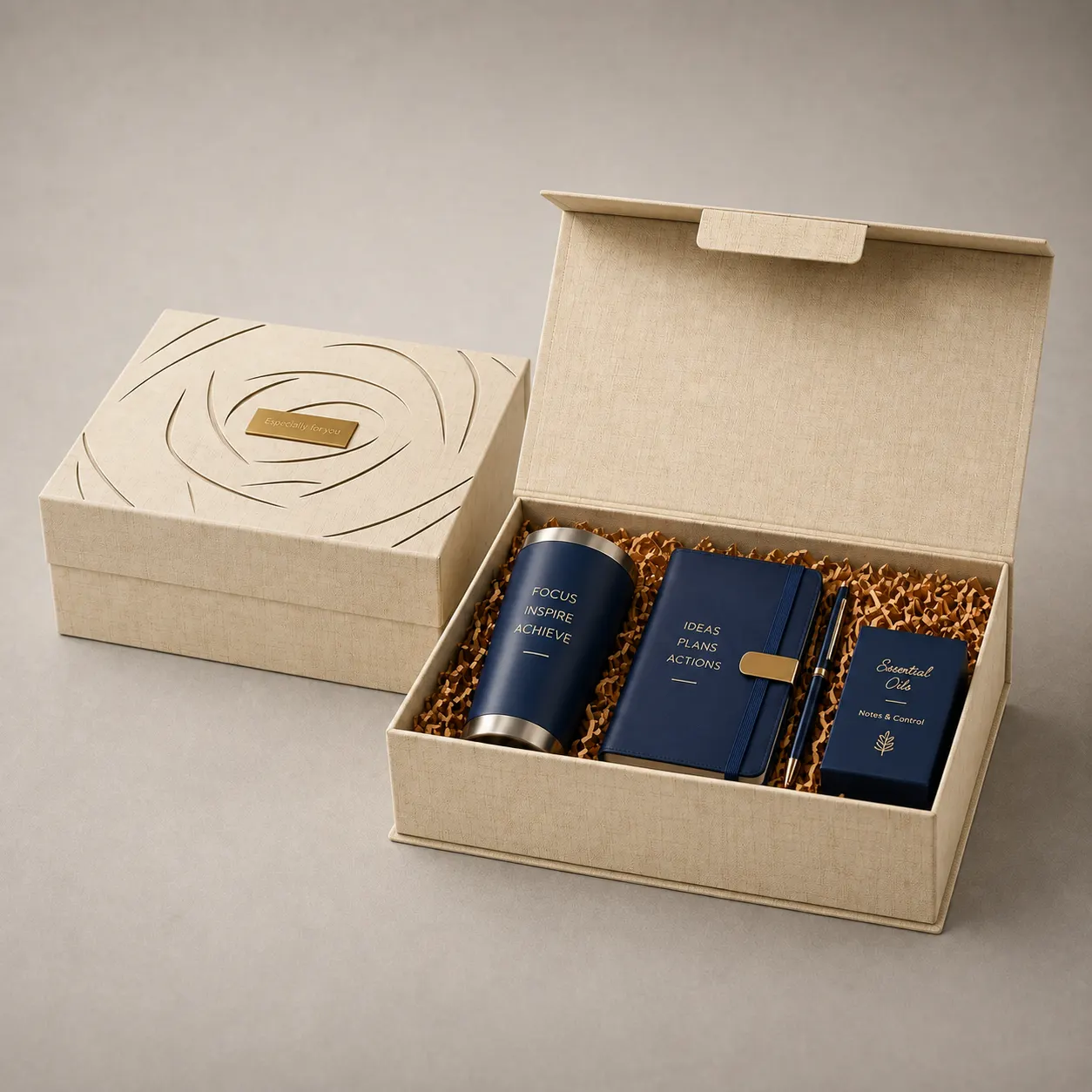 Natural Linen-Textured Magnetic Folding Box with Sculpted Rose Swirl Relief & Gold Plaque — image 1 of 4