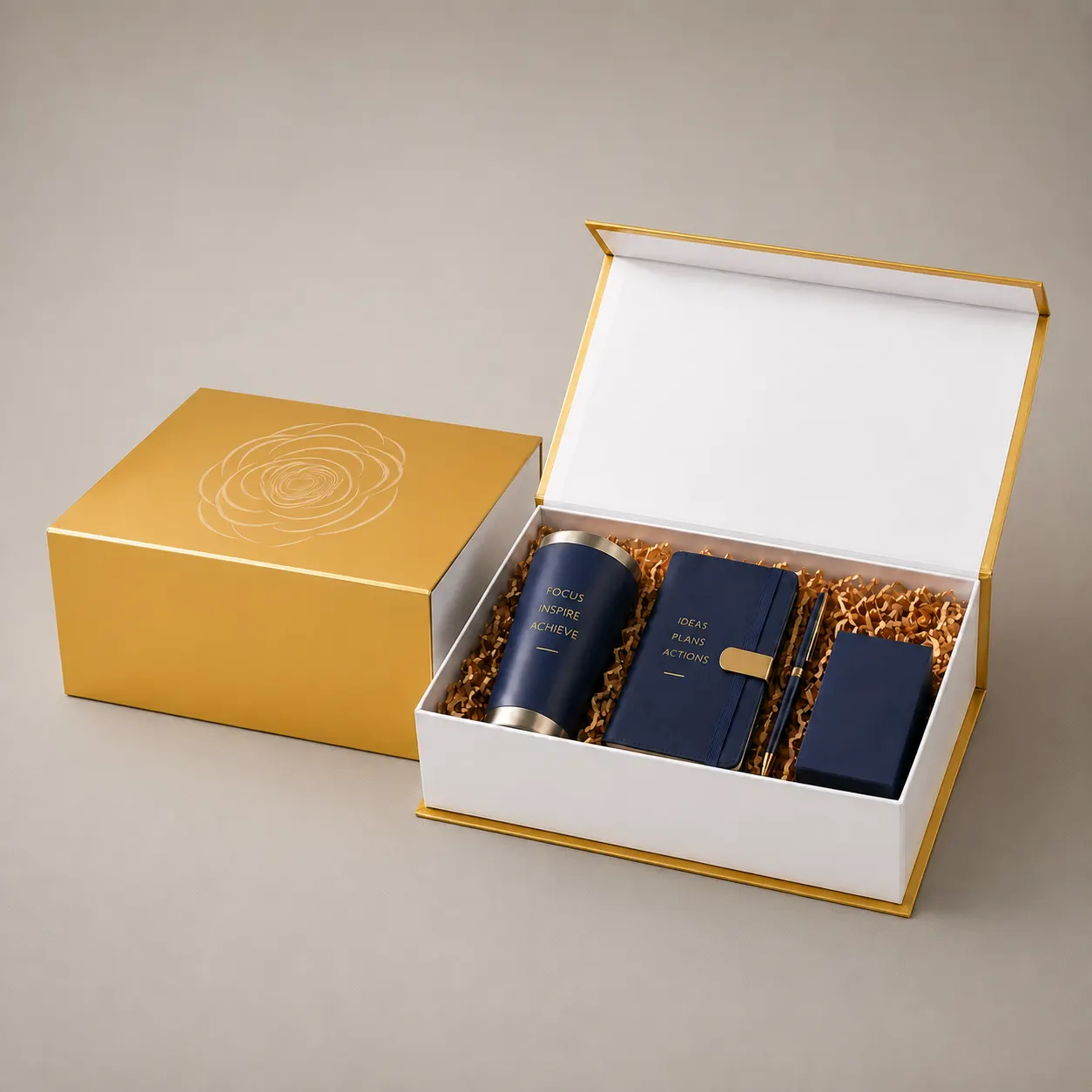 Satin Gold & White Contrast Folding Box with Circular Rose Emblem — image 1 of 4