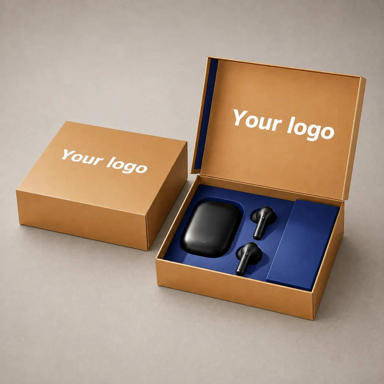 Custom Cognac Tan Corrugated Mailer Box with Contrast Royal Blue EVA Tray for Audio Products — image 1 of 4