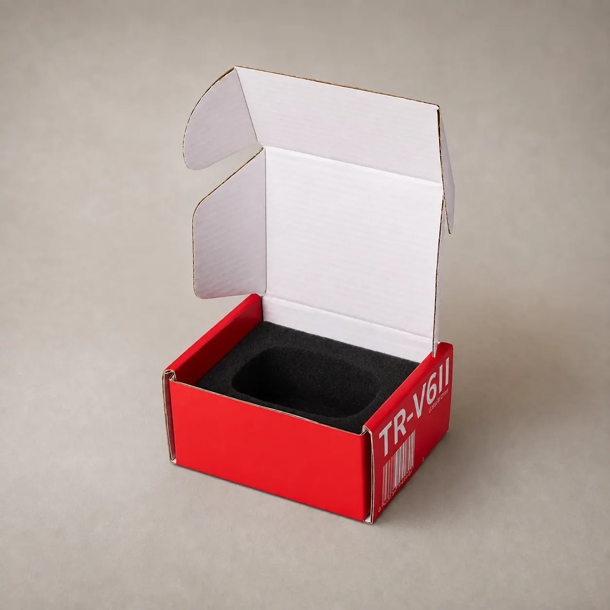 Compact Red Corrugated Mailer Box with Black Flocked Velvet Sponge Insert — image 1 of 4