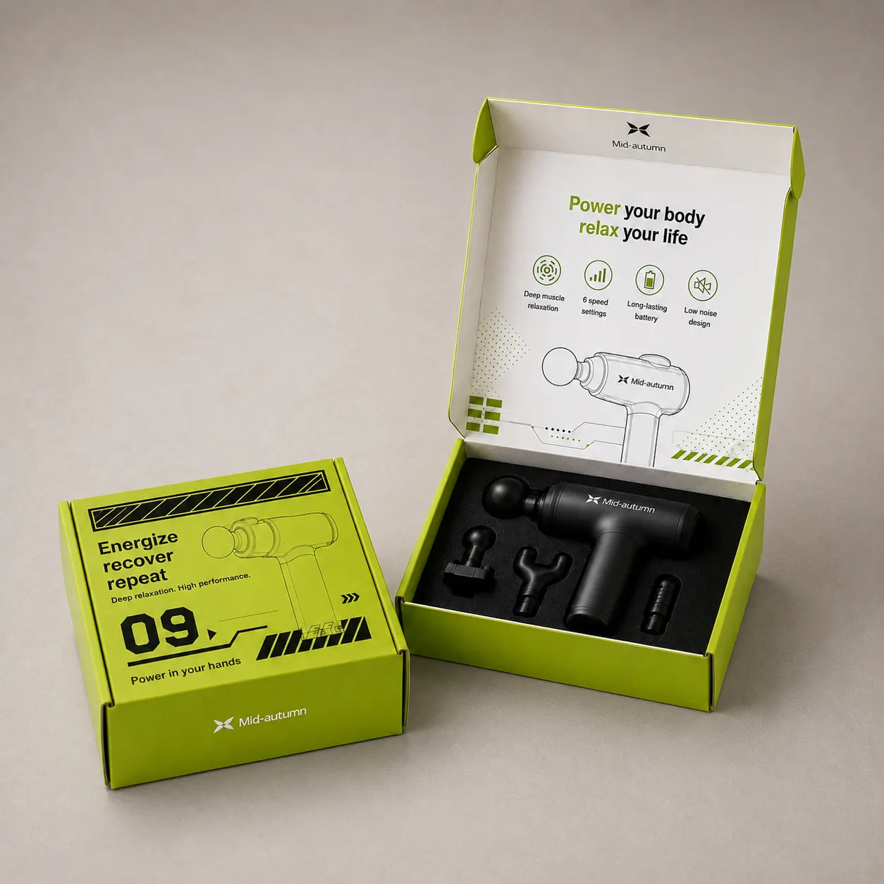Electric Cyber Lime Green Corrugated Mailer Box with Custom EVA Tray for Massage Gun — image 1 of 4