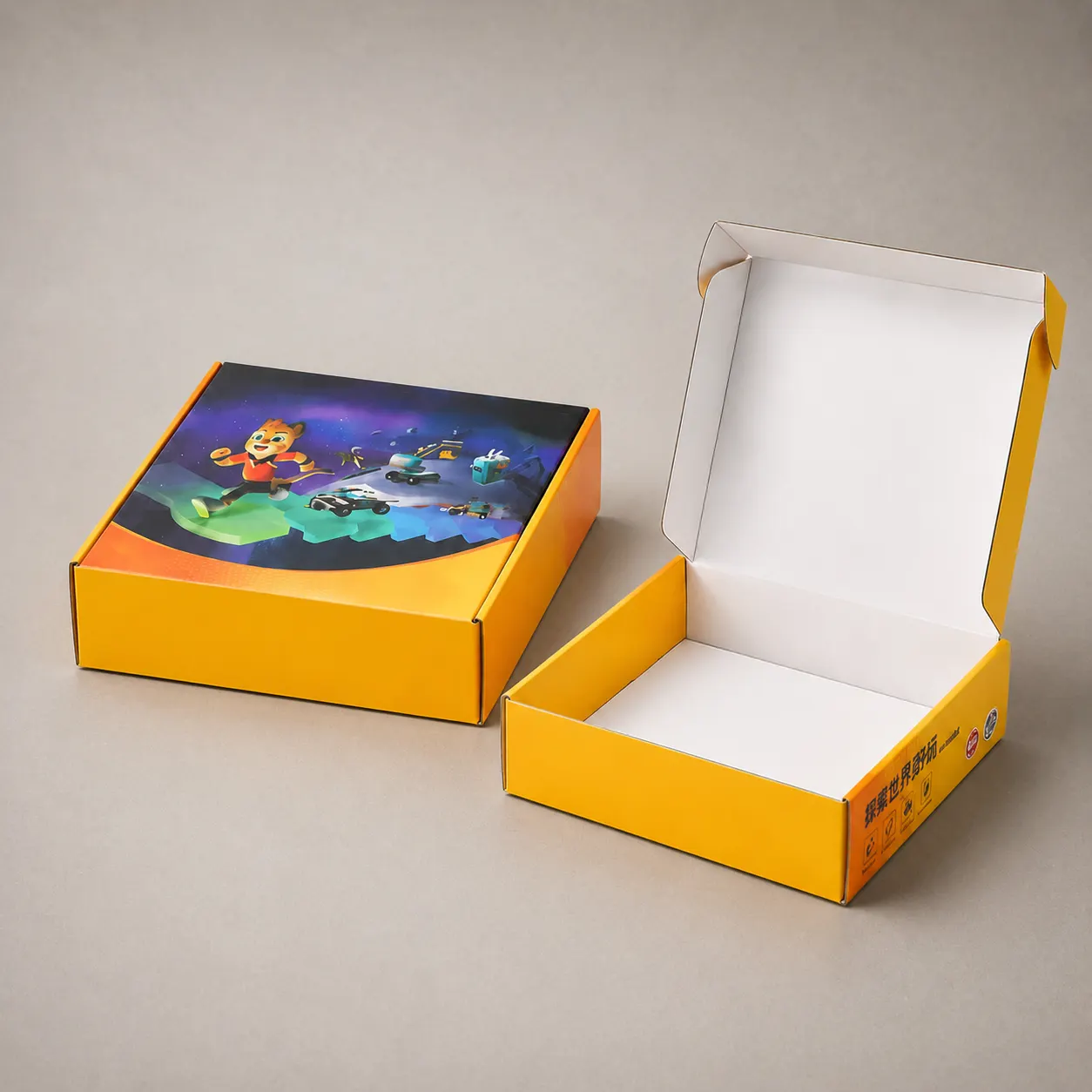 Vibrant Yellow Corrugated Mailer Box with 3D Space Adventure Cartoon Cover — image 1 of 4
