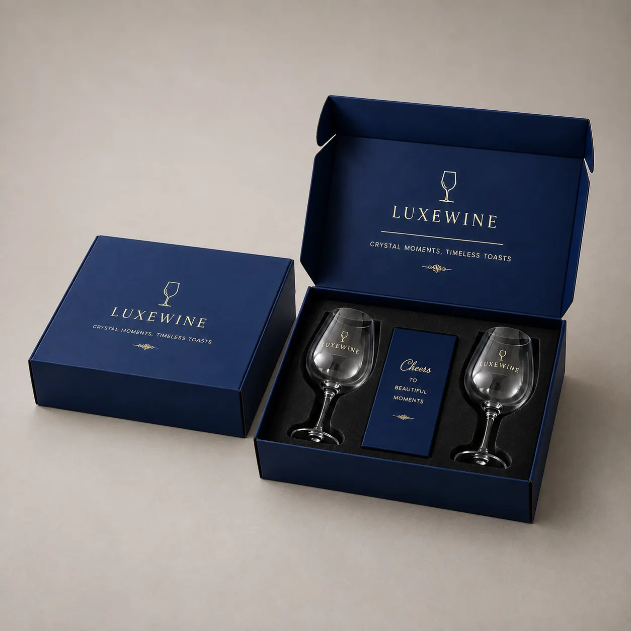 Executive Navy Blue Corrugated Mailer Box with Gold Foil Logo & Velvet Insert for Wine Glasses — image 1 of 4