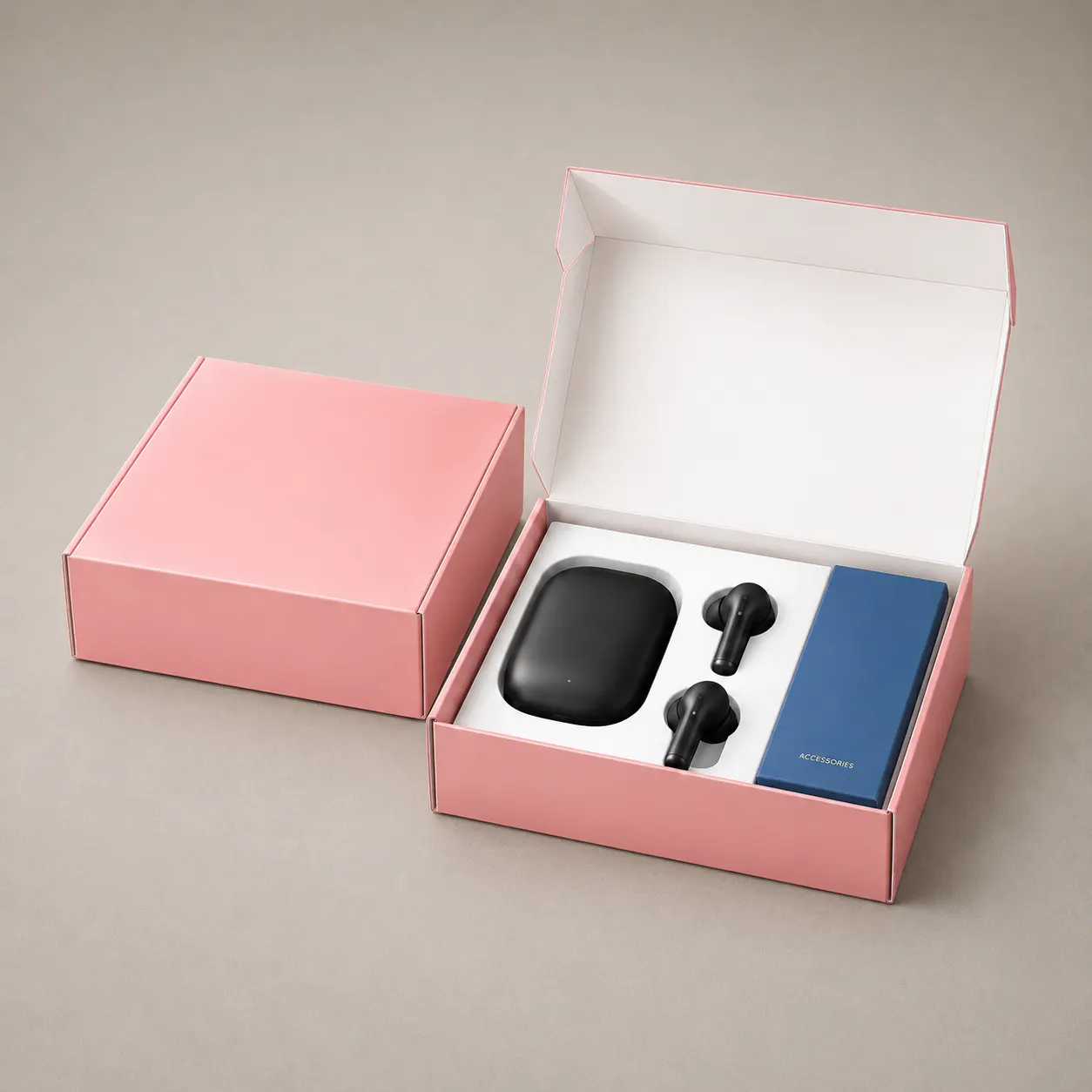Soft Pastel Blush Pink Corrugated Mailer Box with Custom White Audio Insert — image 1 of 4