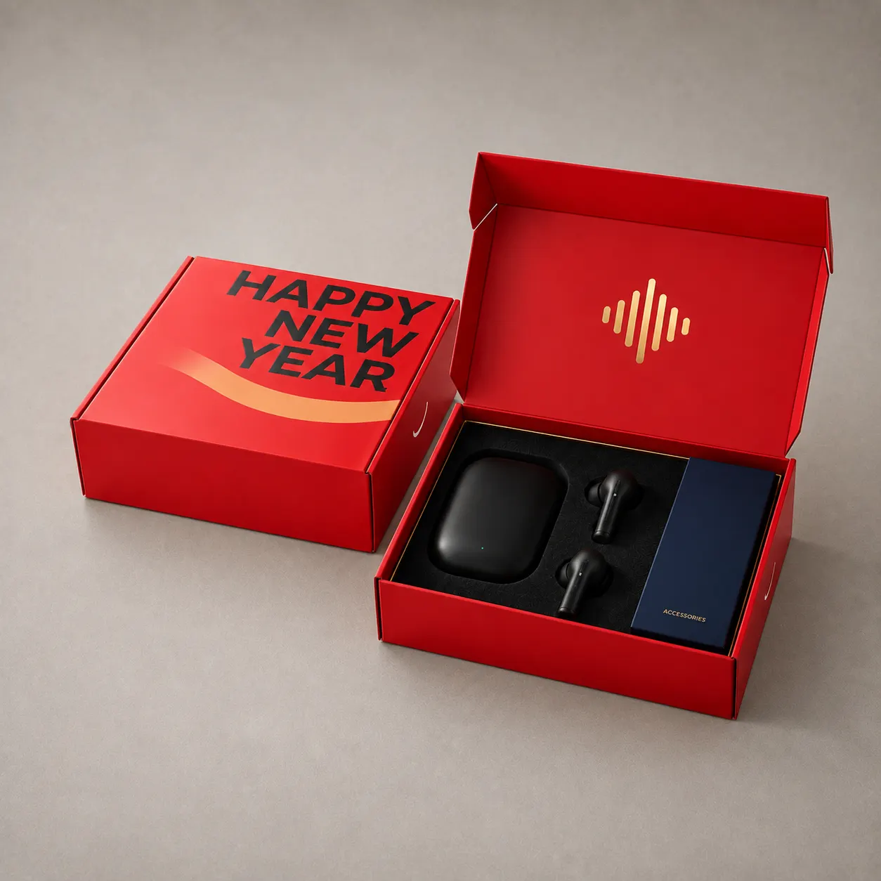 Festive Crimson Red Happy New Year Mailer Box with Gold Foil Logo & Black Flocked Insert — image 1 of 4