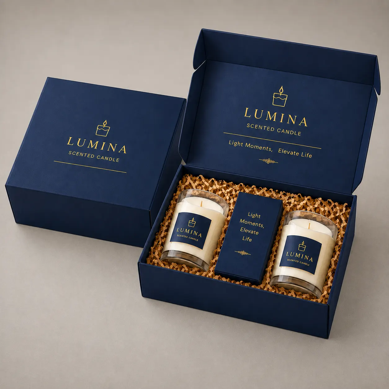 Executive Navy Blue Corrugated Mailer Box with Gold Foil Branding for Scented Candle Set — image 1 of 4