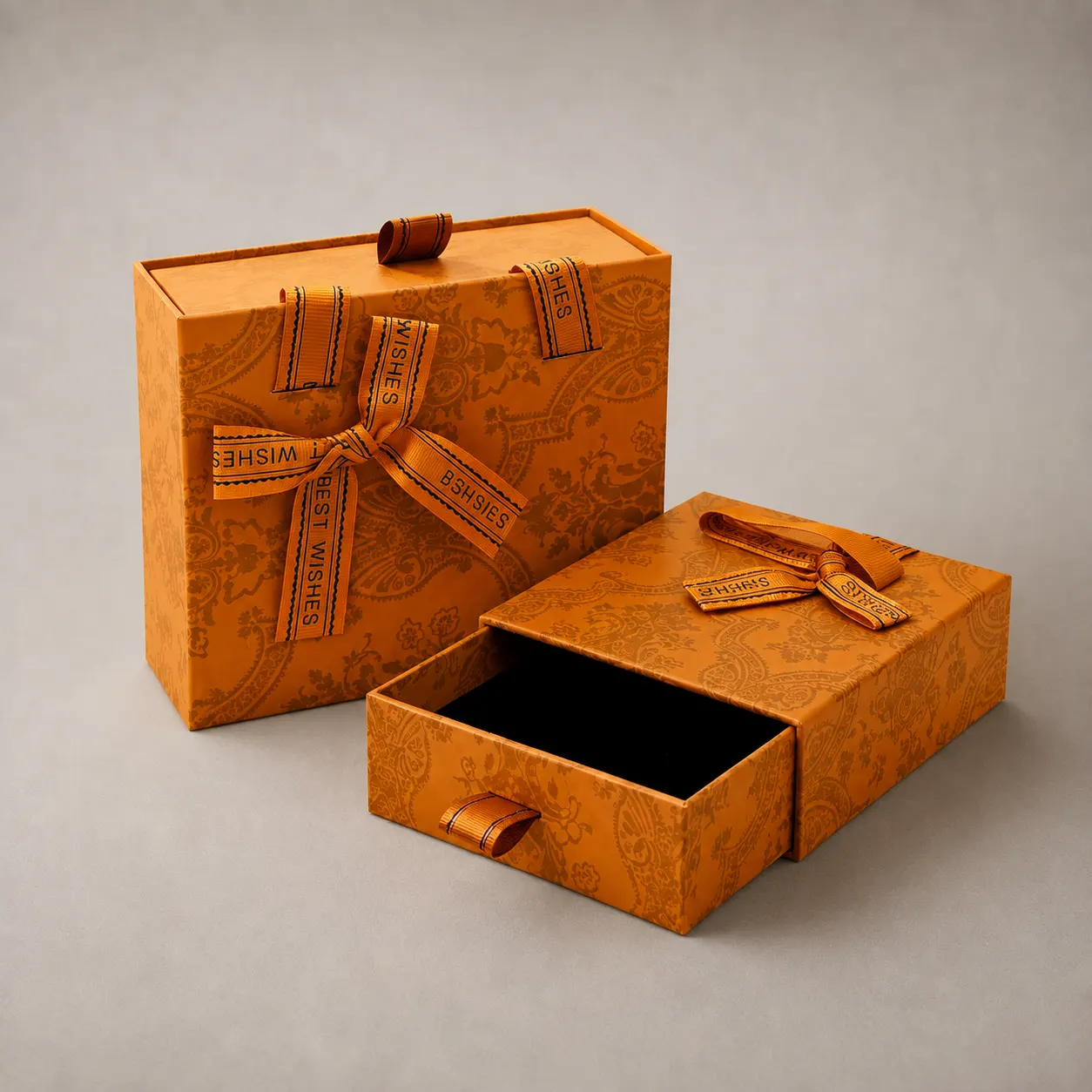 Vintage Hermes Orange Paisley Drawer Gift Box with Jacquard Ribbon & Velvet Insert — image 1 of 4
