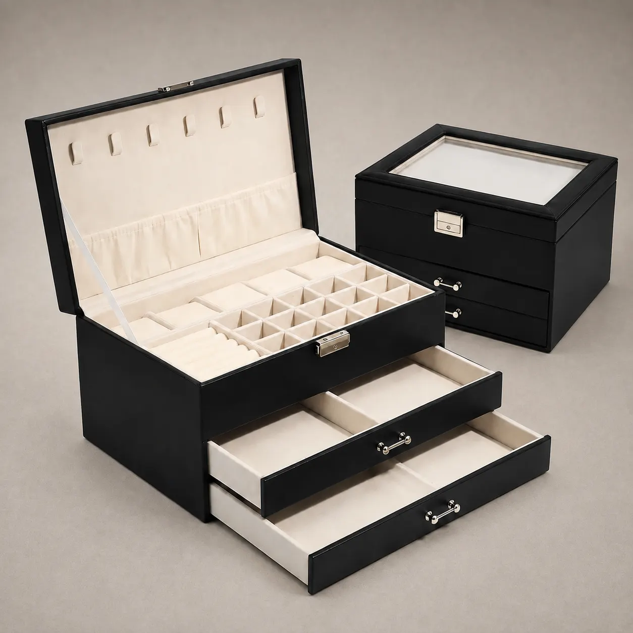 Luxury Black Saffiano Leatherette Multi-Tier Jewelry & Watch Drawer Organizer Box — image 1 of 4