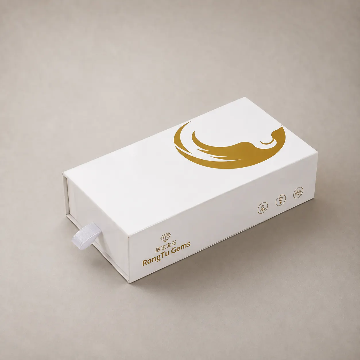 Minimalist Pure White Drawer Gift Box with Gold Foil Phoenix Emblem for RongTu Gems — image 1 of 4