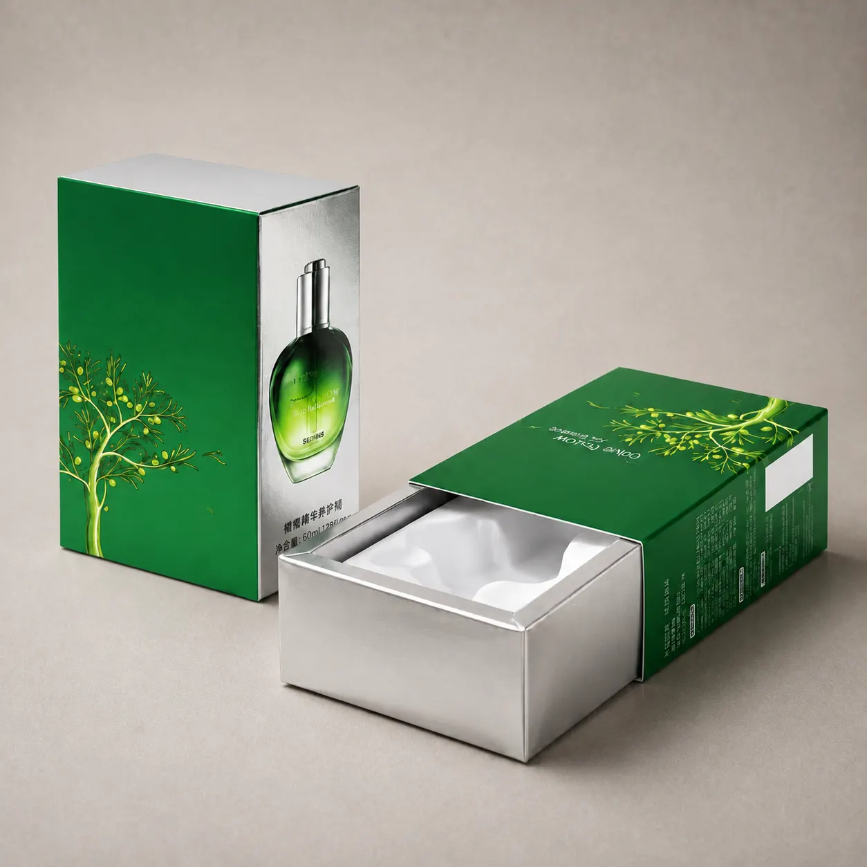 Botanical Emerald Green & Metallic Silver Sliding Drawer Skincare Box — image 1 of 3