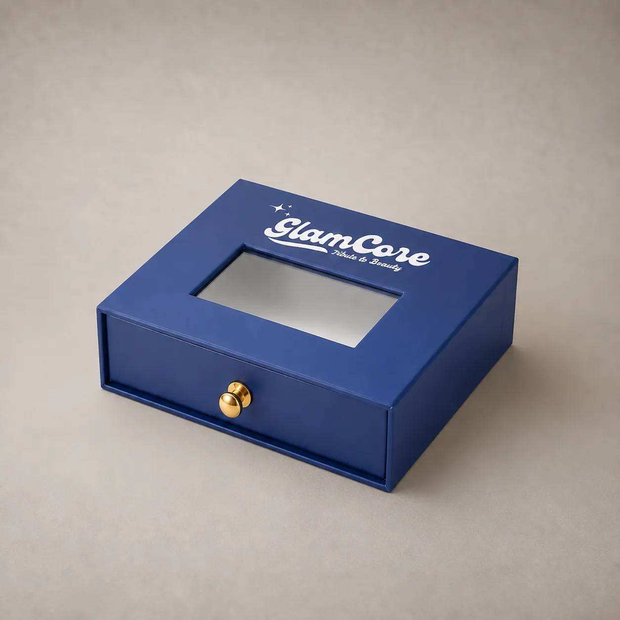 Royal Navy Blue Window Drawer Rigid Box with Gold Metal Knob Pull for GlamCore — image 1 of 4