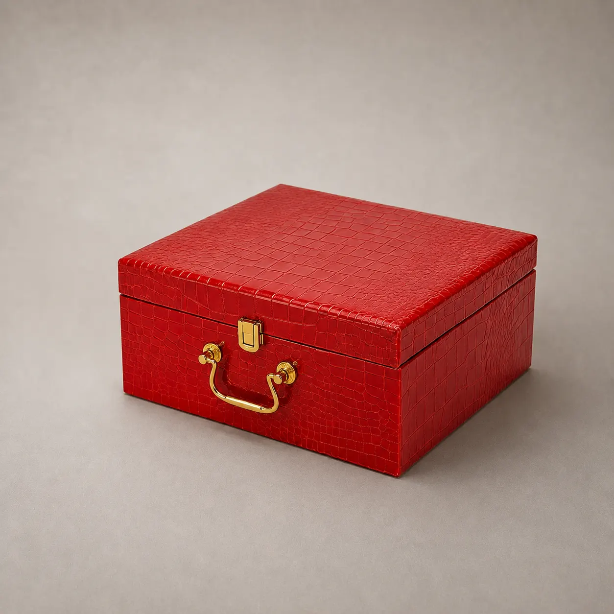 Festive Crimson Red Alligator Leatherette Treasure Chest Box with Gold Metal Latch — image 1 of 4