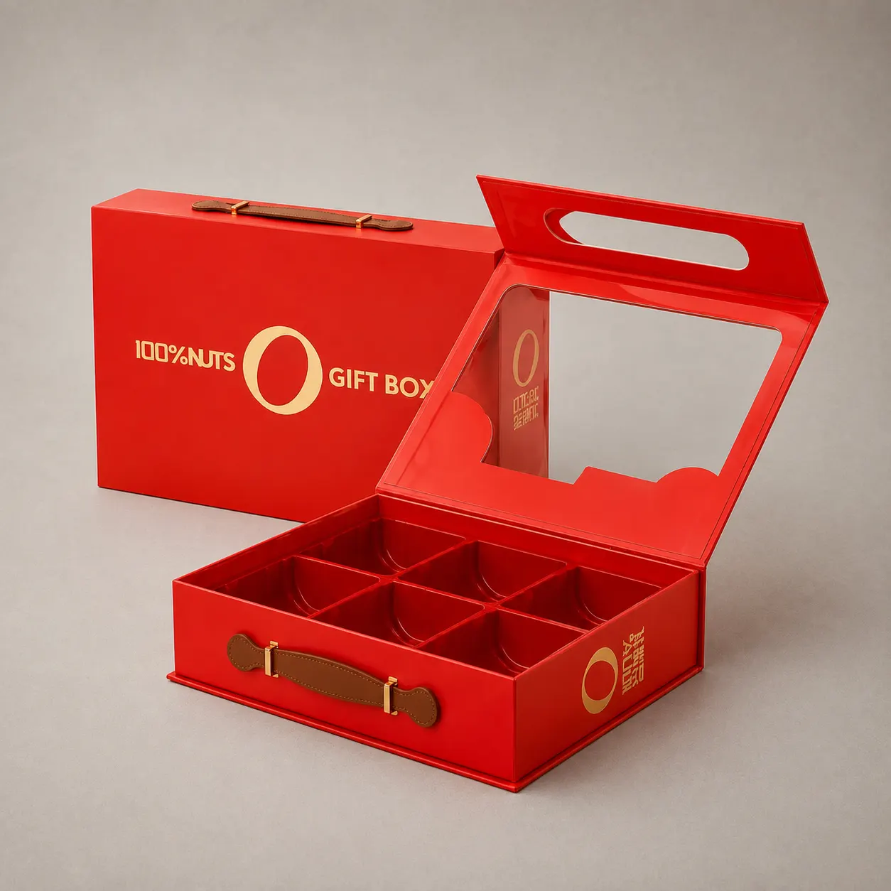 Festive Red Book-Shaped Nuts Gift Box with Clear Window & Leather Handle — image 1 of 4