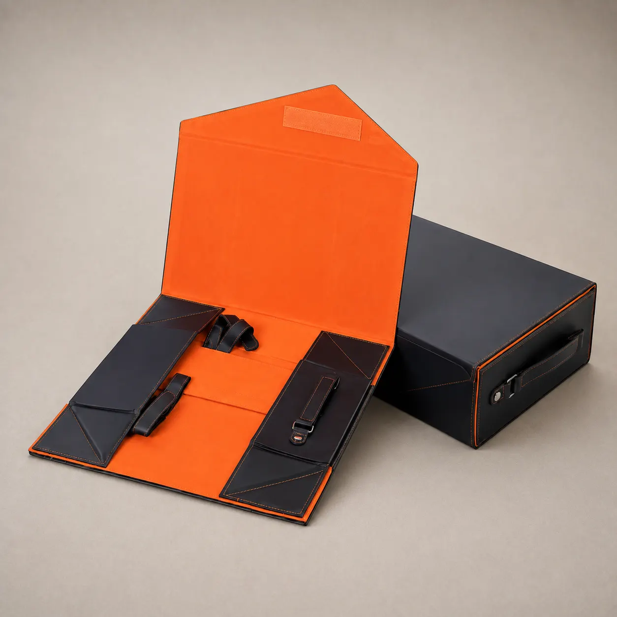 Executive Navy Blue Collapsible Magnetic Rigid Gift Box with Vibrant Orange Suede Lining — image 1 of 4