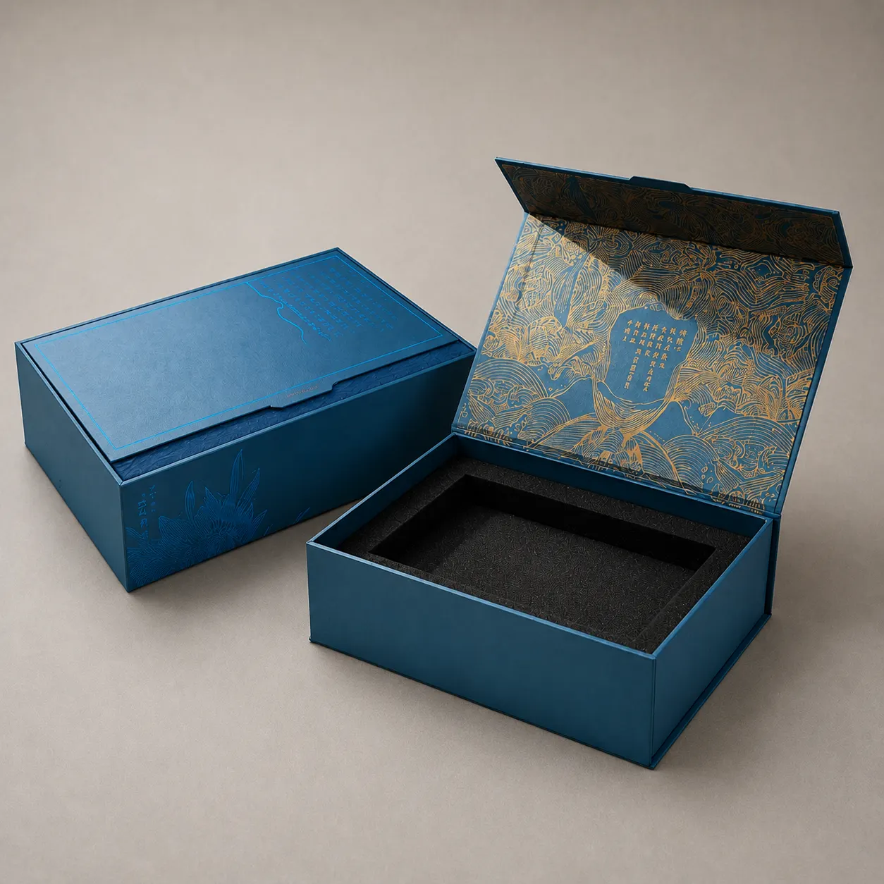 Oriental Peacock Blue Book-Shaped Gift Box with Gold Foil Calligraphy & Black Velvet Insert — image 1 of 3