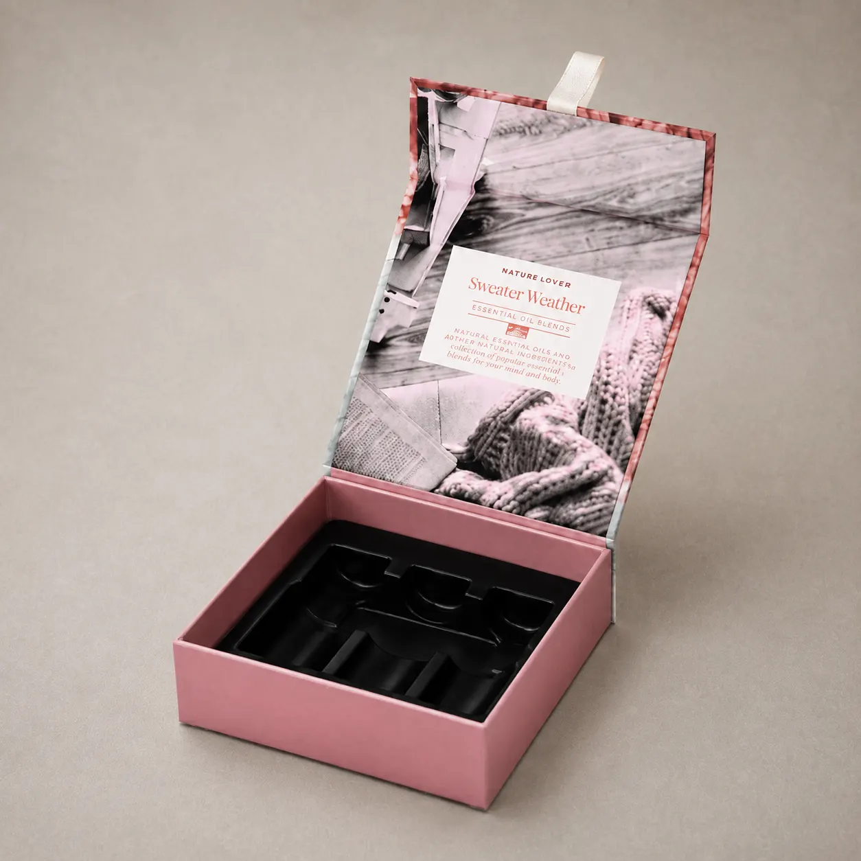 Dusty Rose Book-Shaped Rigid Gift Box with B&W Photo Inner Lid Artwork & Ribbon Pull — image 1 of 4