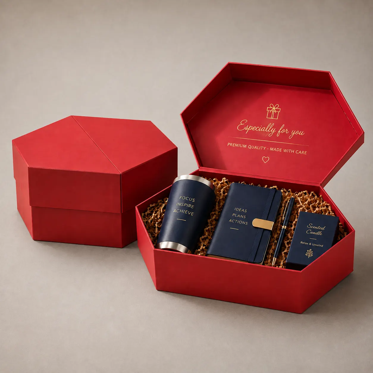 Executive Hexagonal Crimson Red Gift Box with Gold Foil Branding & Shredded Paper Cushion — image 1 of 4