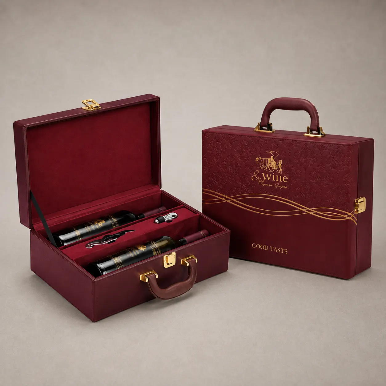 Executive Burgundy Red Leatherette Dual Bottle Wine Briefcase Gift Box with Gold Foil Branding — image 1 of 4