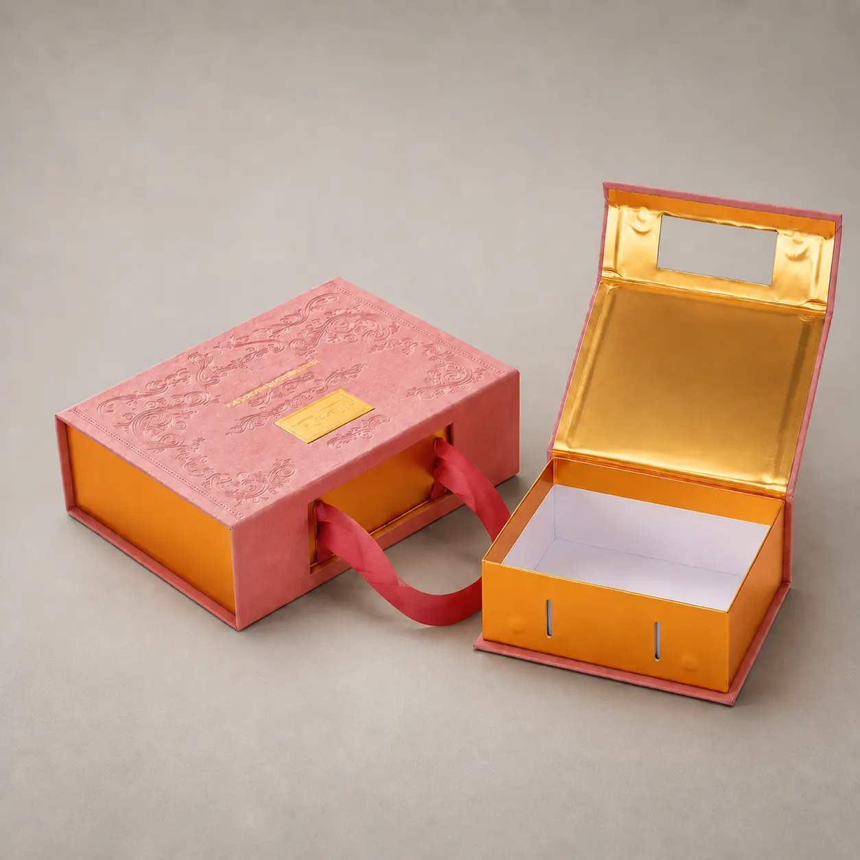 Luxury Rose Coral Pink & Gold Foil Book-Shaped Handbag Box with Baroque Embossing — image 1 of 4