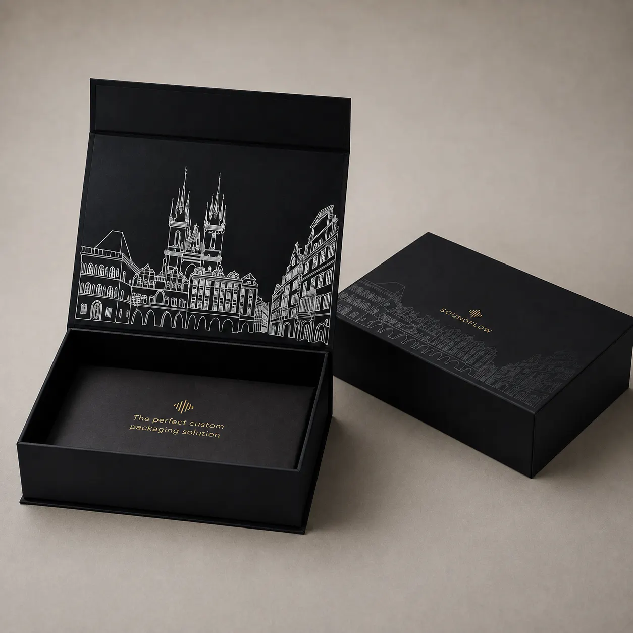 Executive Black SOUNDFLOW Book-Shaped Box with Silver Architectural Line Art — image 1 of 4