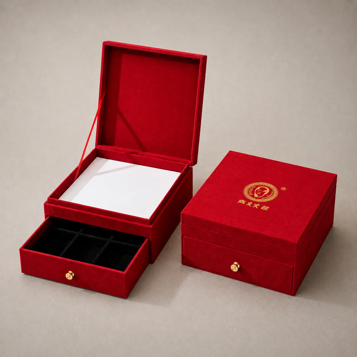 Luxury Crimson Red Velvet Dual-Layer Jewelry Box with Sliding Drawer for LuWenWen — image 1 of 4
