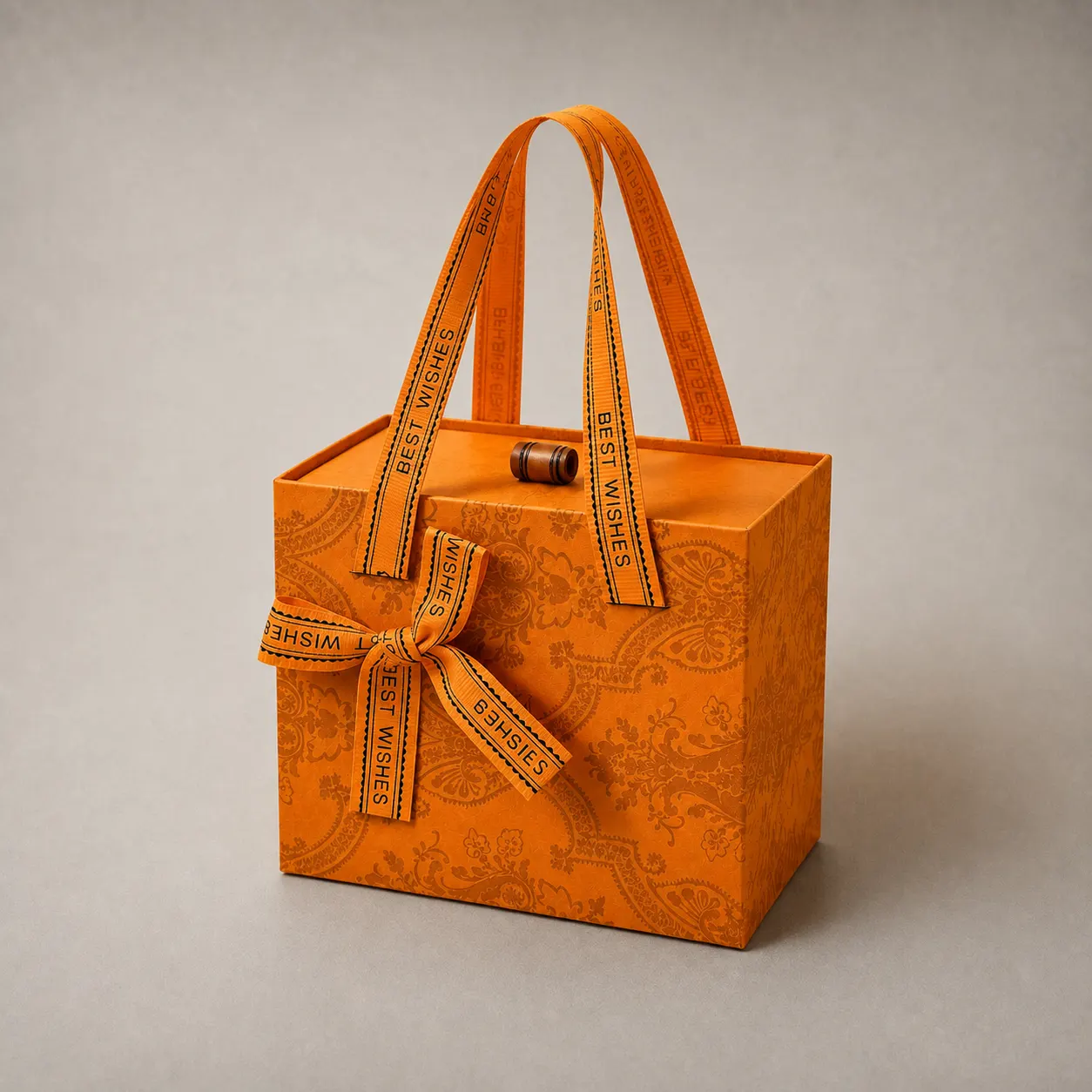 Vintage Hermes Orange Paisley Handbag Box with 'BEST WISHES' Jacquard Ribbon & Wood Toggle — image 1 of 4