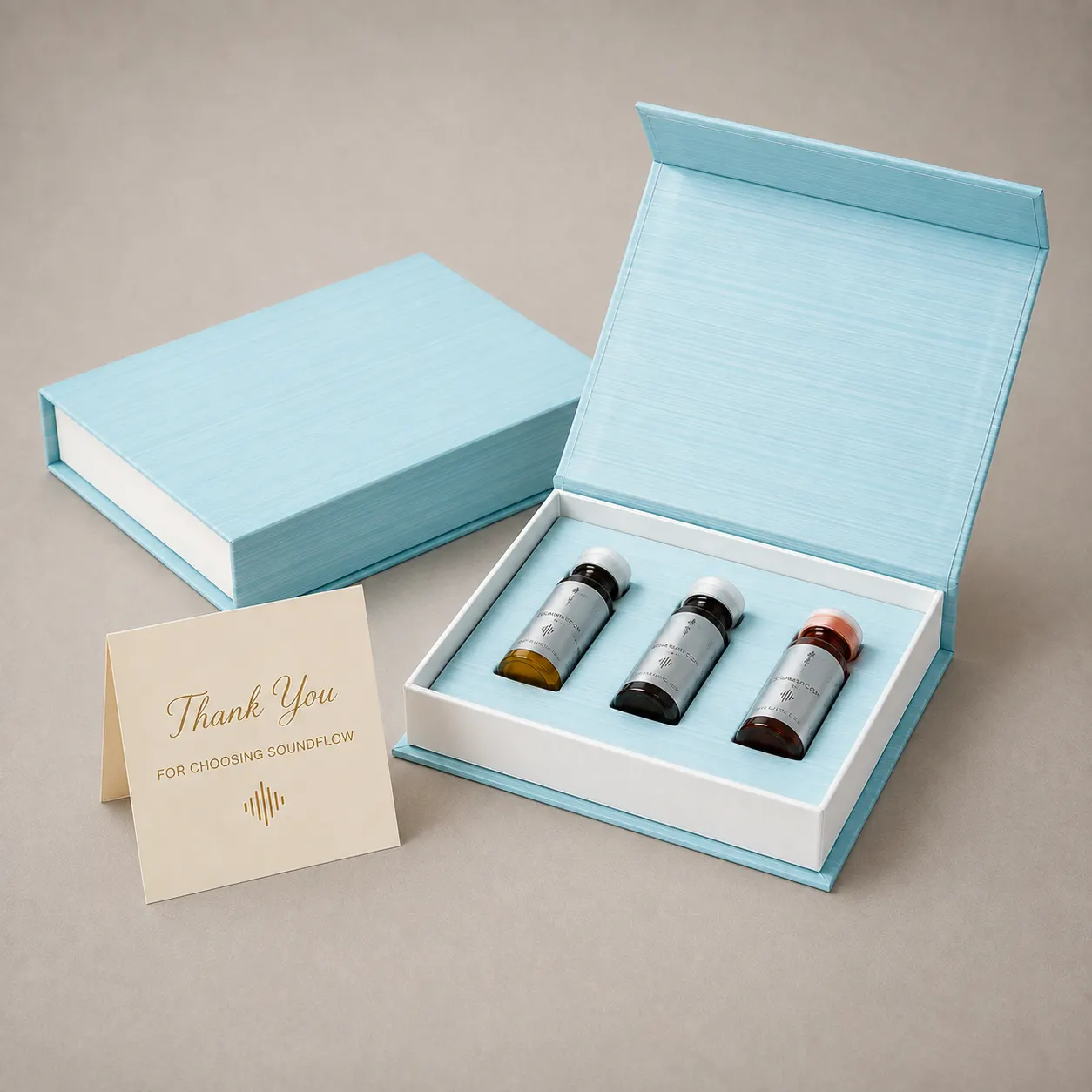 Sky Blue Silk Textured Book-Shaped Rigid Box with 3-Slot EVA Insert & Greeting Card — image 1 of 4