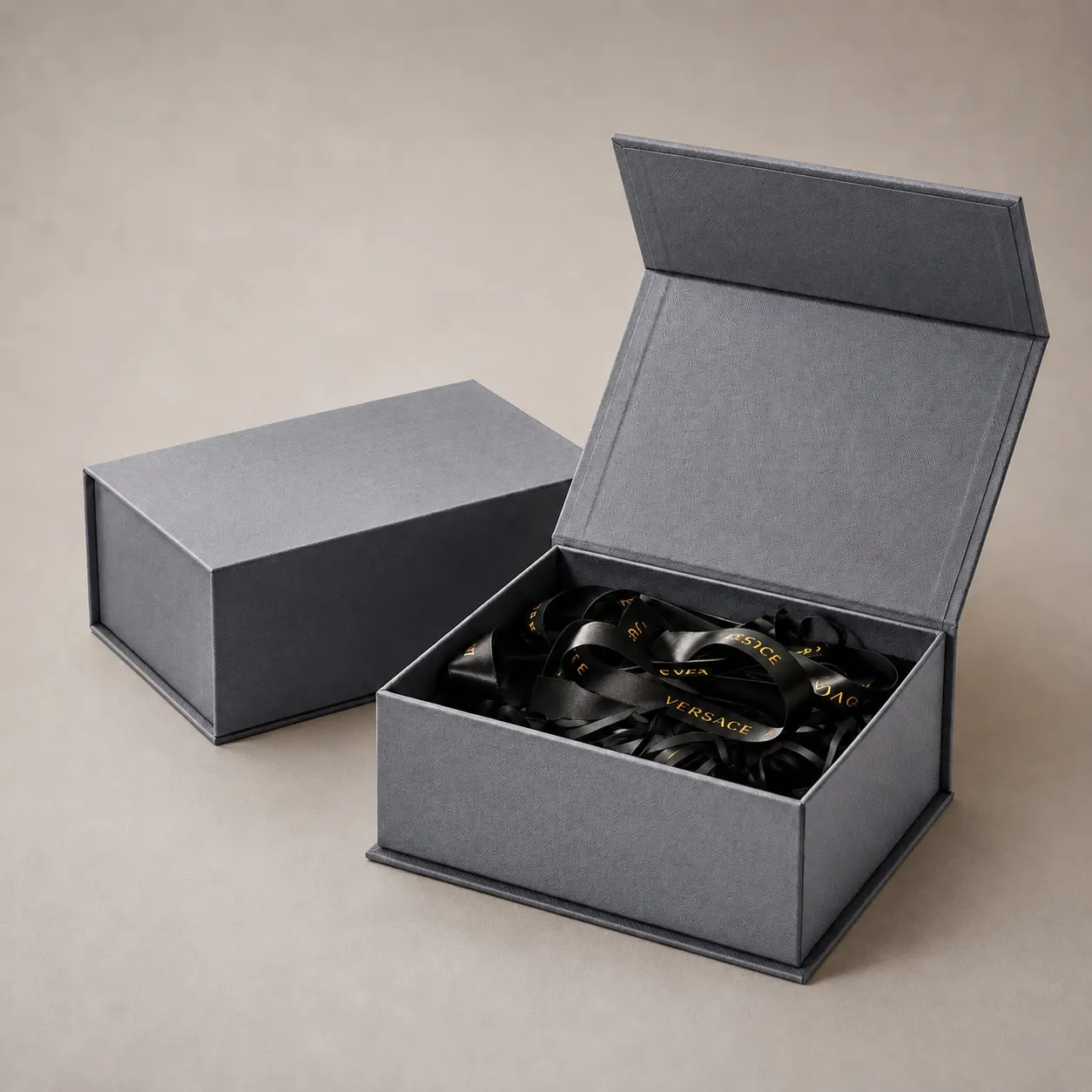 Executive Slate Grey Linen Book-Shaped Box with Gold Stamped VERSACE Ribbon Filler — image 1 of 4