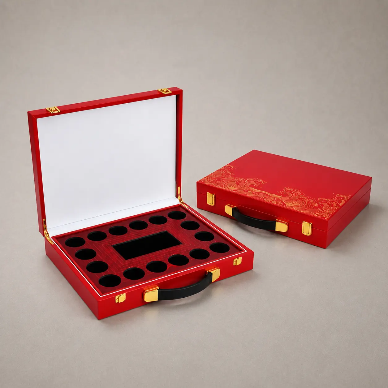 Deluxe Crimson Red Oriental Wave Briefcase Gift Box with 16-Slot Velvet Tray — image 1 of 4