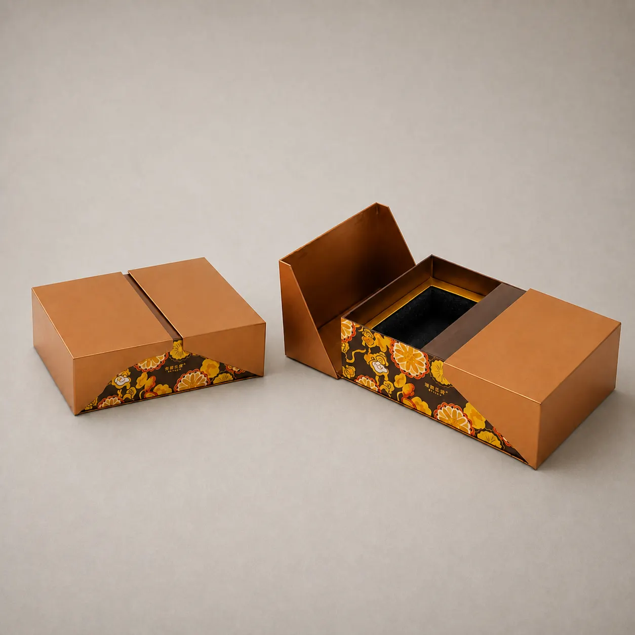 Luxury Brushed Amber Copper Double-Door Rigid Box with Oriental Chrysanthemum Art — image 1 of 4