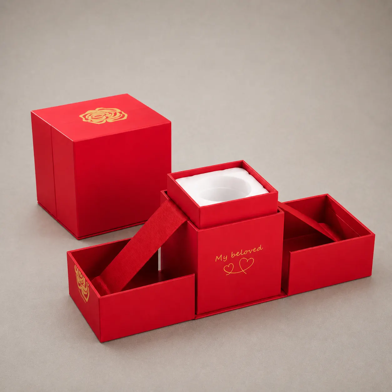 Romantic Crimson Red Exploding Cube Ring Box with Gold Foil 'My Beloved' Stamping — image 1 of 4