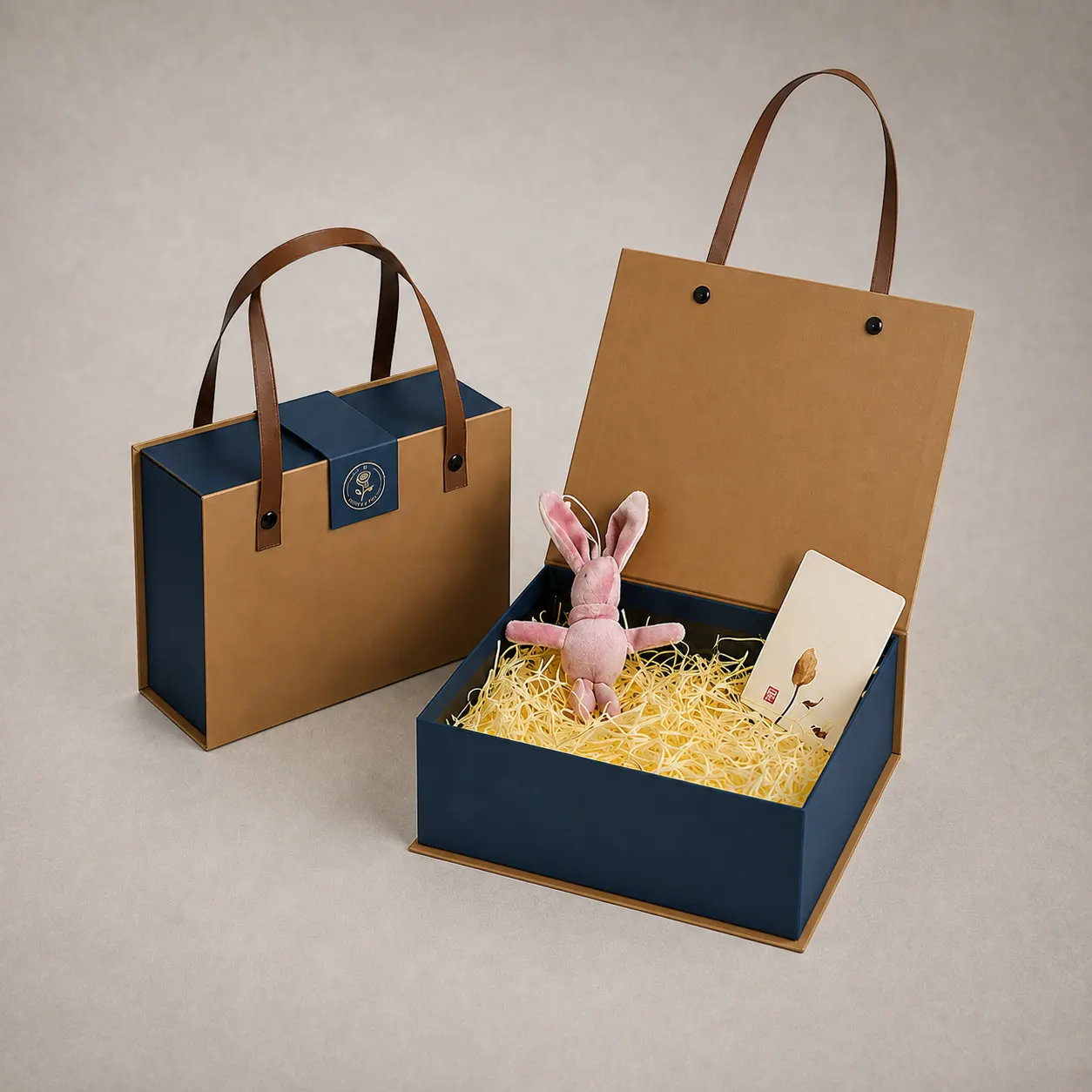 Boutique Kraft Brown & Navy Blue Handbag Box with Leather Handles & Rose Badge — image 1 of 3