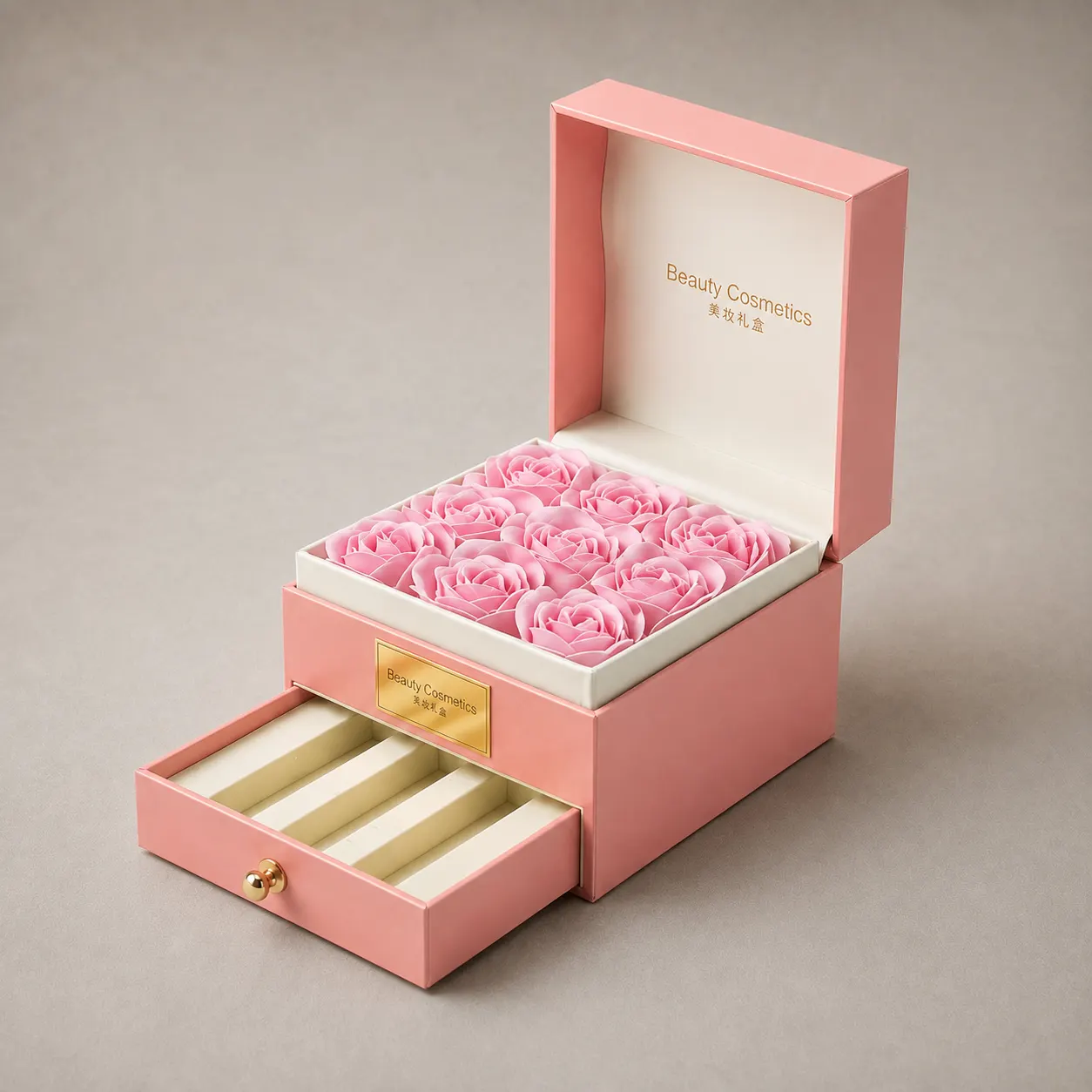 Luxury Blush Pink Dual-Layer Box with Soap Roses & Sliding Drawer for Beauty Cosmetics — image 1 of 4