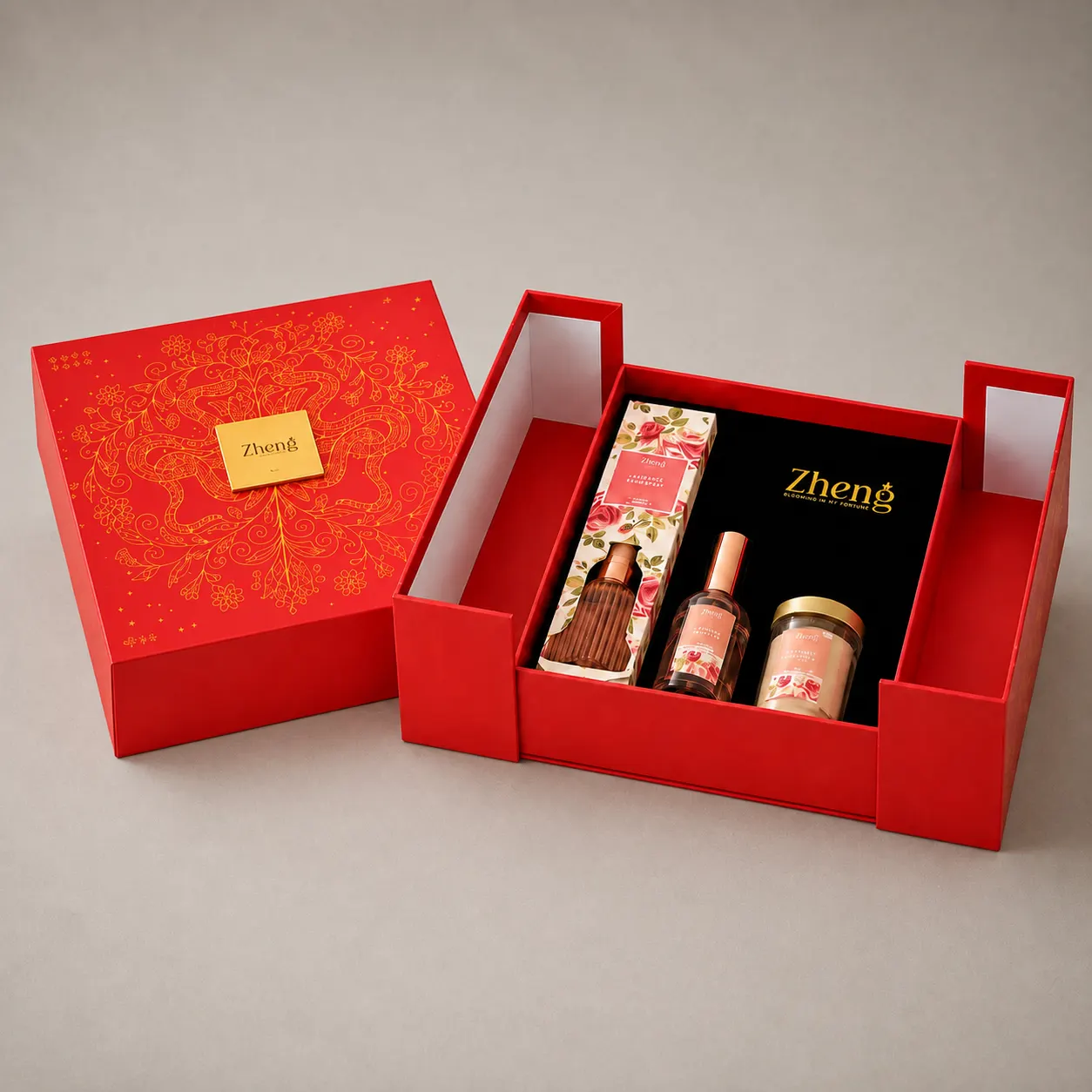 Luxury Crimson Red & Gold Botanical Double-Door Fragrance Box for Zheng — image 1 of 4