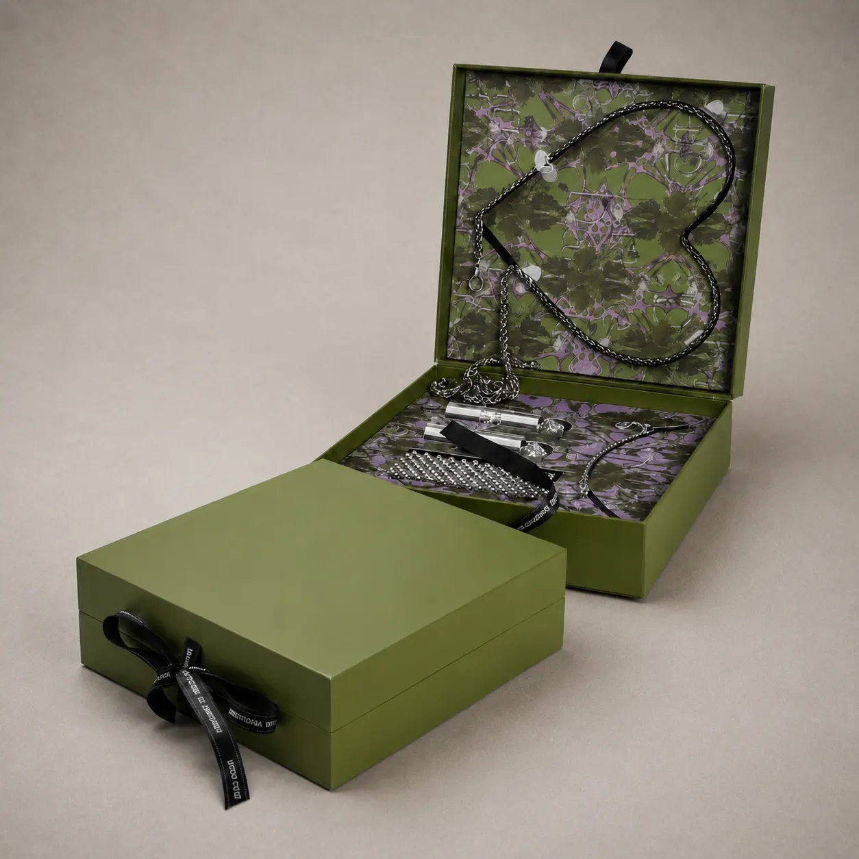 Avant-Garde Olive Moss Green Book Box with Gothic Purple Heart Artwork & Black Ribbon — image 1 of 4