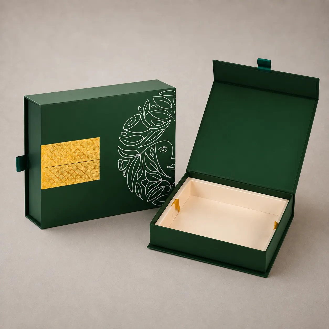 Luxury Emerald Green Book-Shaped Box with Goddess Line Art & Gold Grid — image 1 of 4