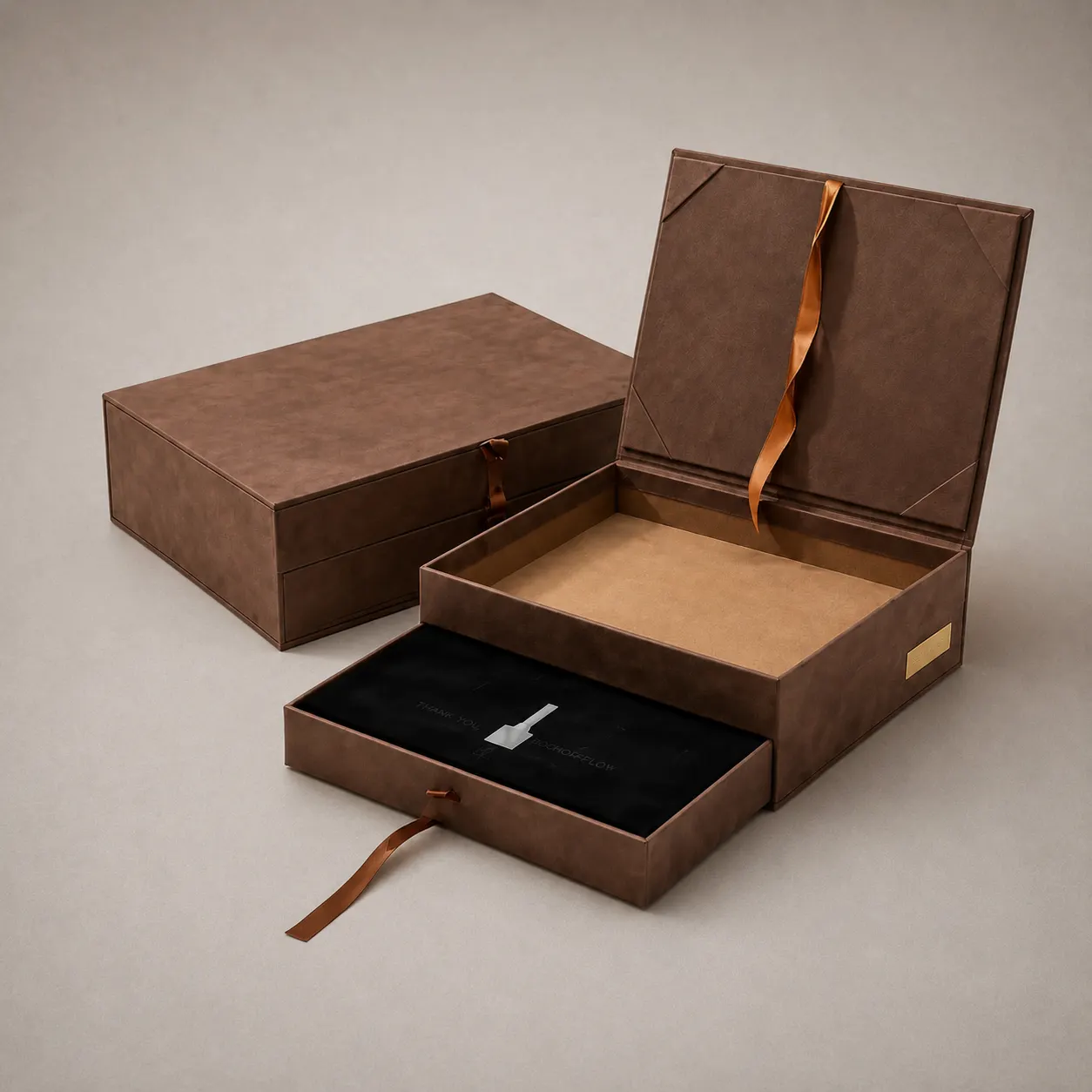 Luxury Saddle Brown Suede Dual-Layer Book & Sliding Drawer Rigid Box — image 1 of 4