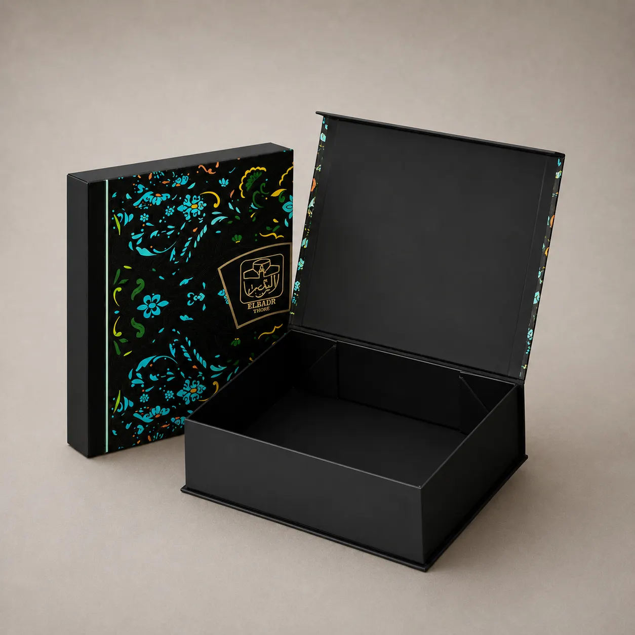 Luxury Black & Cyan Arabesque Floral Book-Shaped Rigid Box — image 1 of 4