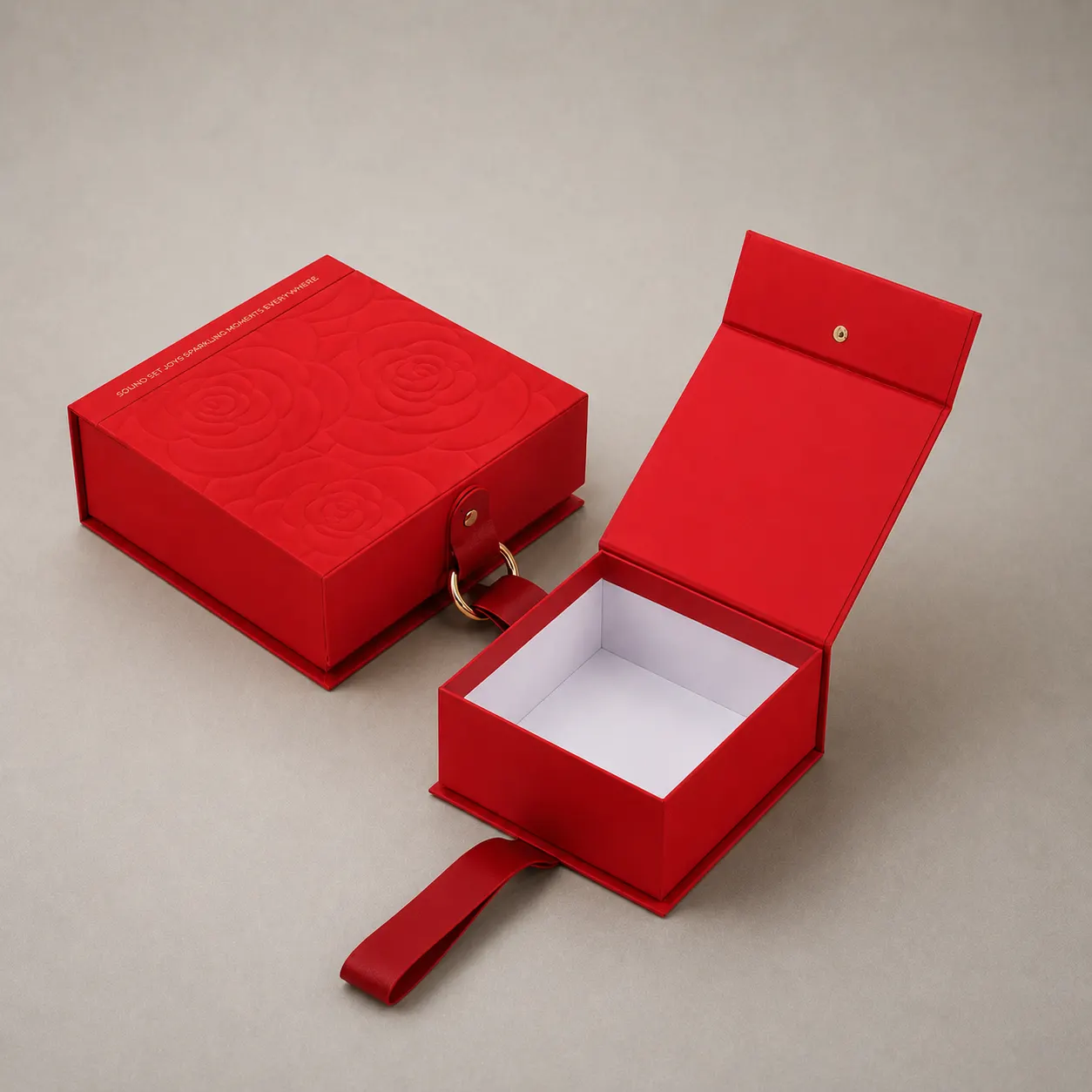 Luxury Crimson Red Embossed Rose Box with Gold Metal O-Ring — image 1 of 4