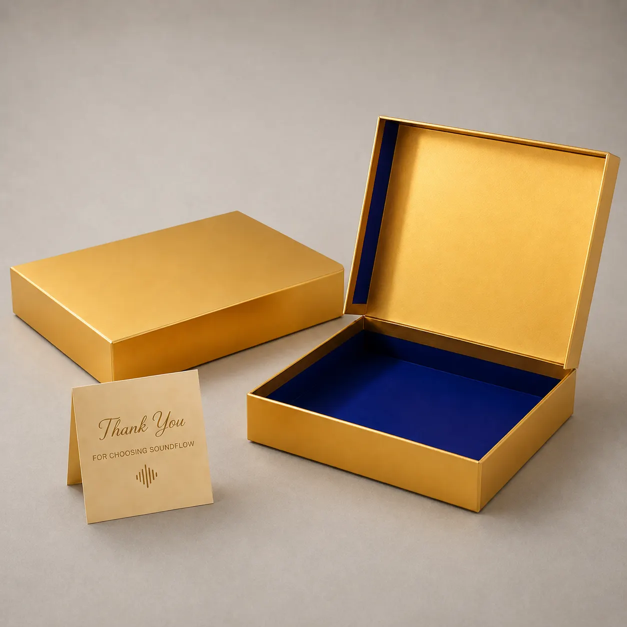 Luxury Satin Metallic Gold Book Box with Sapphire Blue Interior — image 1 of 4