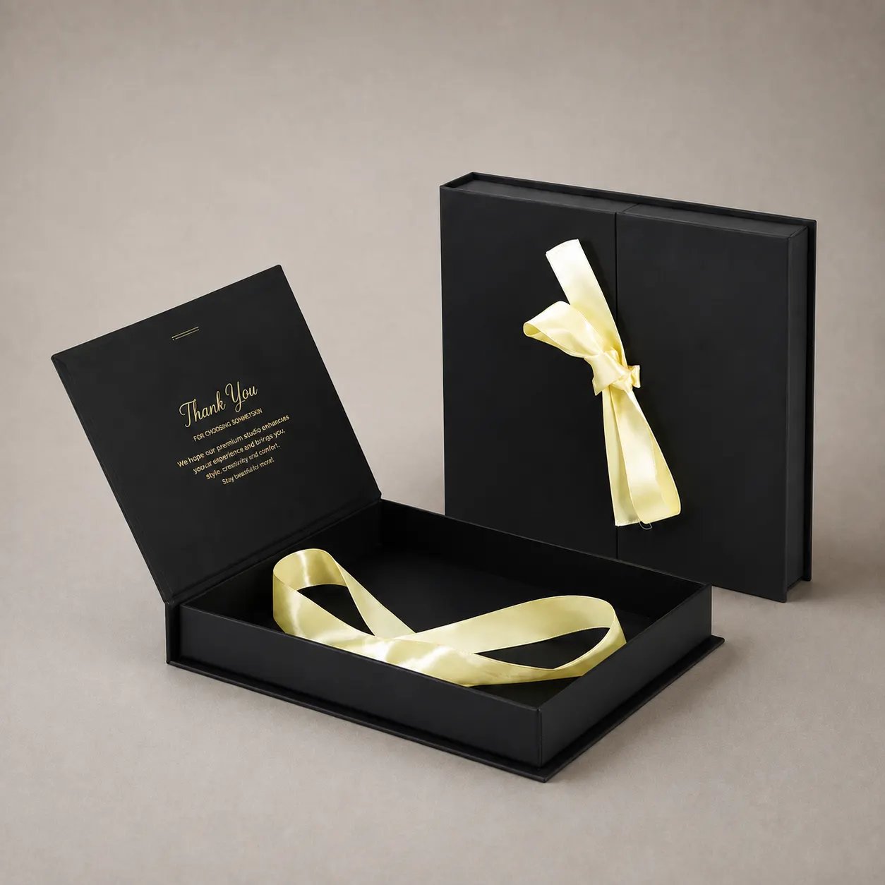 Luxury Pitch Black Double-Door Rigid Box with Butter Yellow Ribbon — image 1 of 4