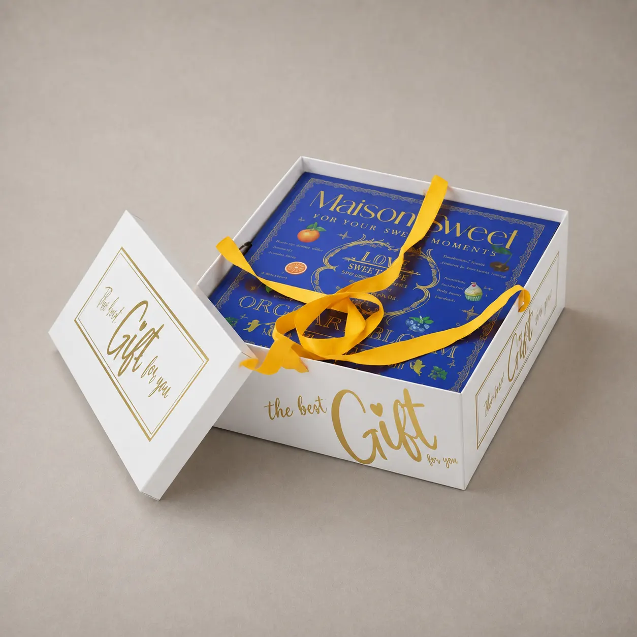 Luxury White & Gold Foil Lift-Off Lid Rigid Gift Box with Yellow Ribbon — image 1 of 4
