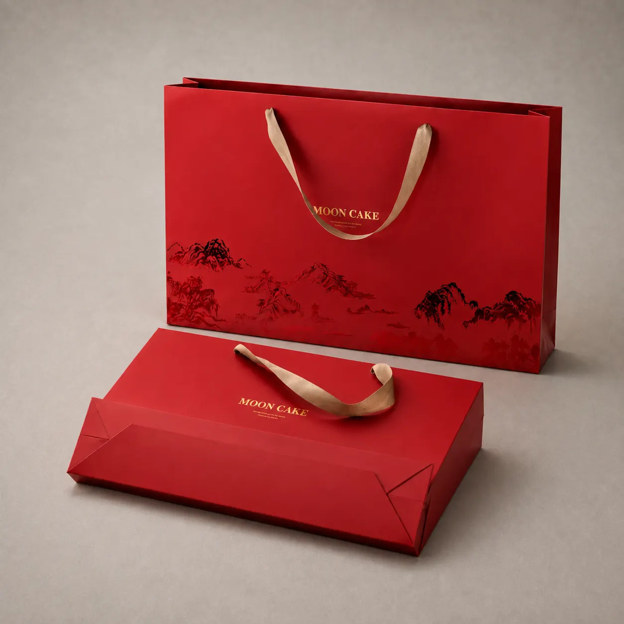 Luxury Imperial Crimson Red Paper Tote Bag with Champagne Gold Ribbon — image 1 of 4