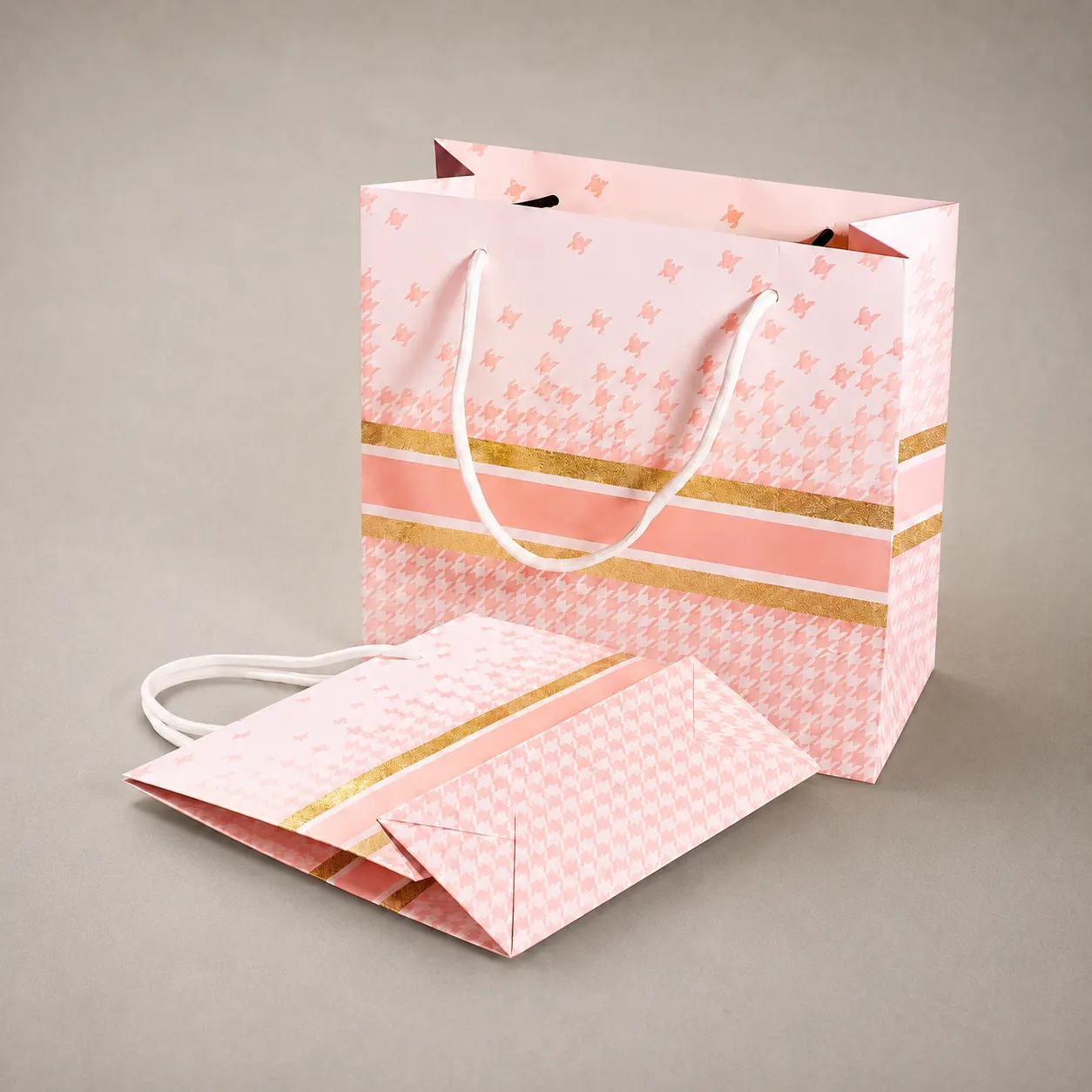 Luxury Pastel Pink Houndstooth Butterfly Paper Tote Bag with Gold Foil — image 1 of 4